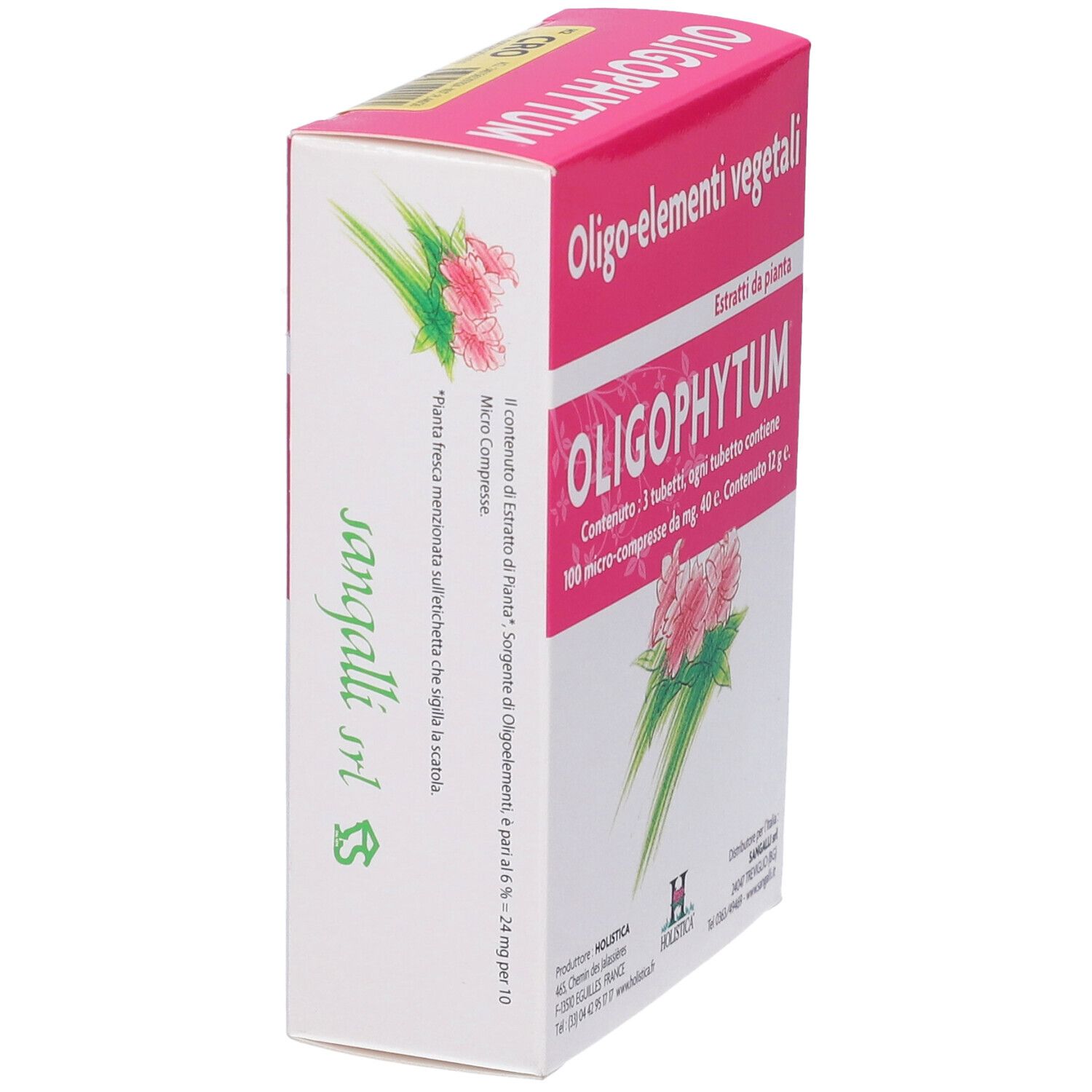 Confezione Oligophytum angolata. Design rosa e bianco. Testo: Oligo-elementi vegetali, 3 tubi, 100 micro-compresse. Logo Holistica.