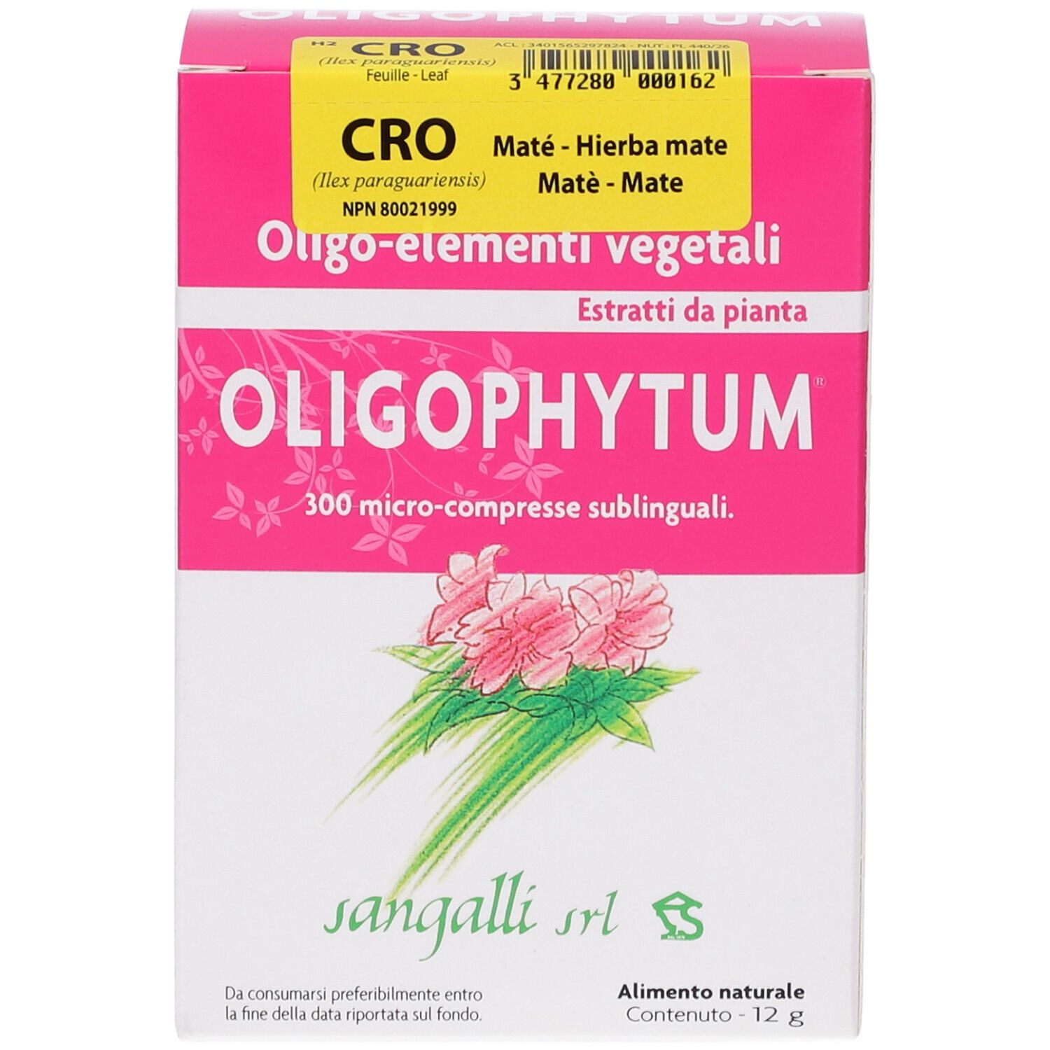 Confezione Oligophytum. Design rosa e bianco. Testo: Oligo-elementi vegetali, 300 micro-compresse sublinguali. Logo Sangalli srl. Etichetta CRO.