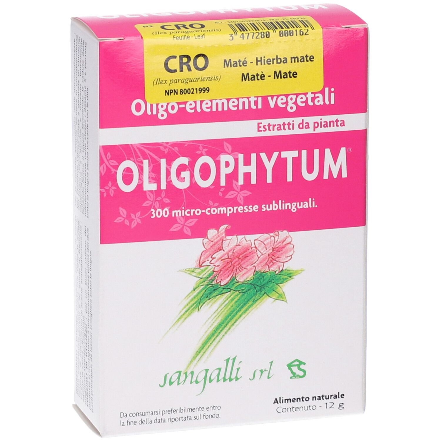 Confezione Oligophytum. Design rosa e bianco. Testo: Oligo-elementi vegetali, 300 micro-compresse sublinguali. Logo Sangalli srl. Etichetta CRO.
