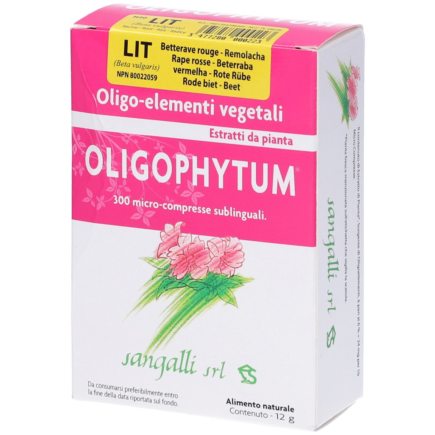 Scatola rosa e bianca di Oligophytum. Scritta: Oligophytum, 300 microcompresse sublinguali. Lista ingredienti e logo.