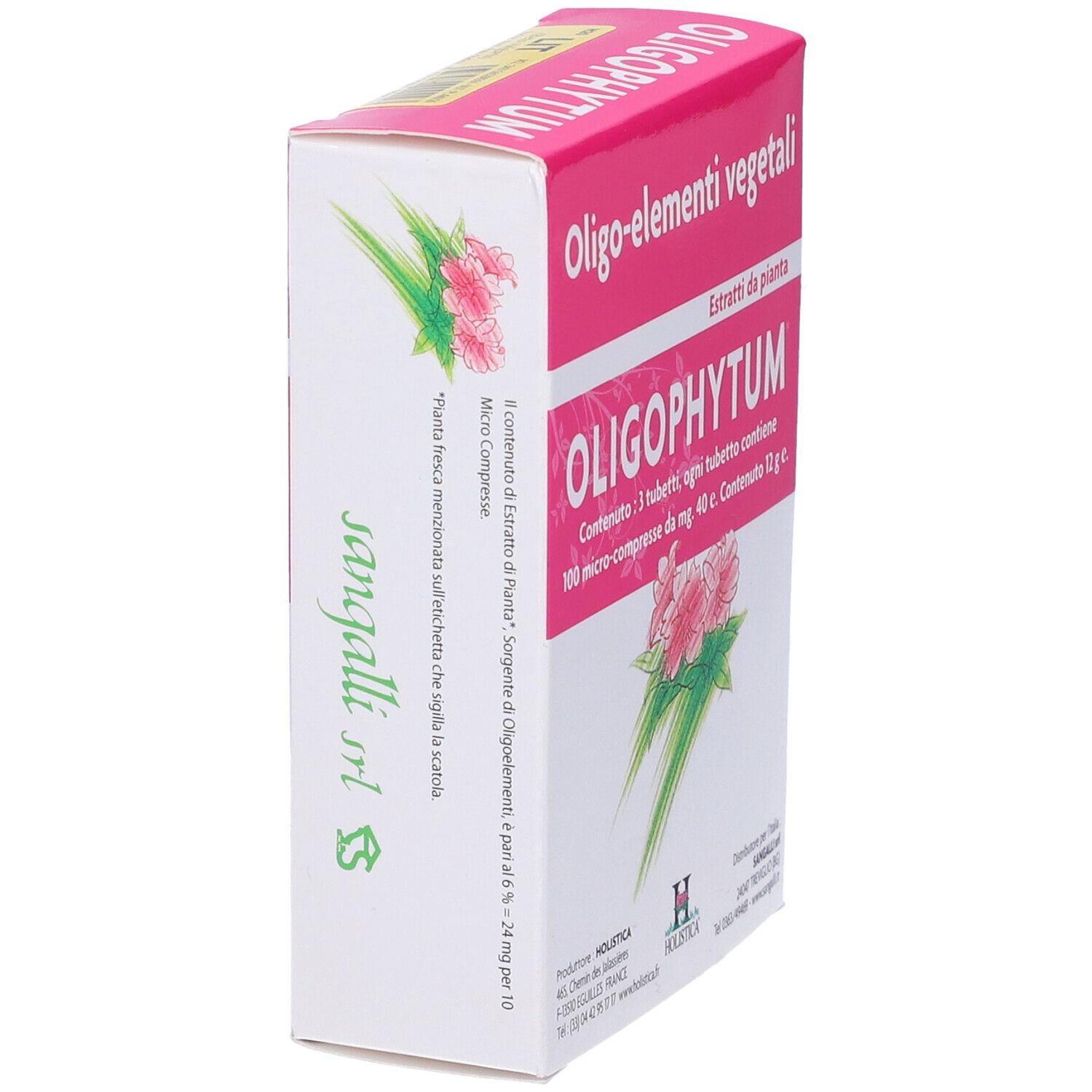Scatola rosa e bianca di Oligophytum. Scritta: Oligophytum, 300 microcompresse sublinguali. Lista ingredienti e logo.