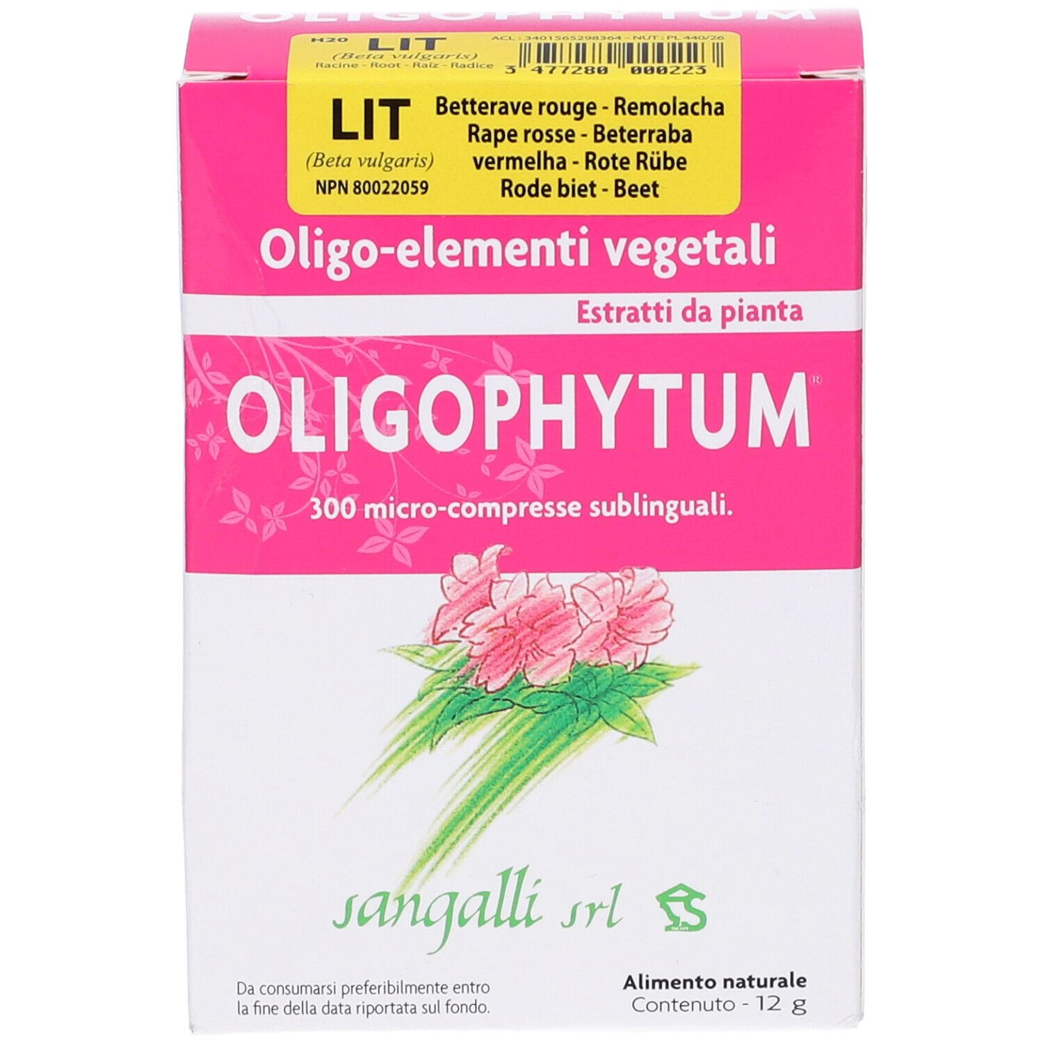 Scatola rosa e bianca di Oligophytum. Scritta: Oligophytum, 300 microcompresse sublinguali. Lista ingredienti e logo.