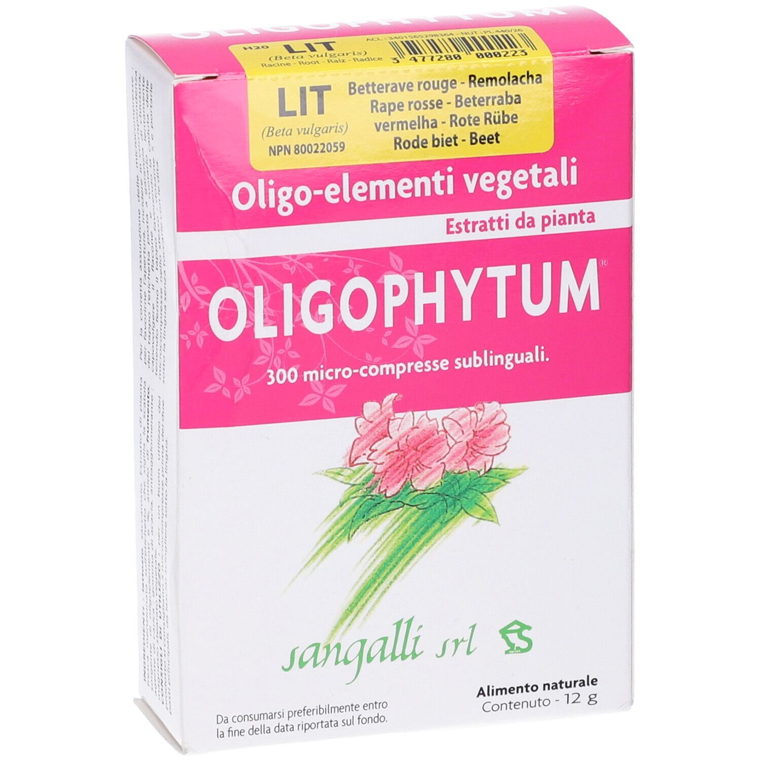 Scatola rosa e bianca di Oligophytum. Scritta: Oligophytum, 300 microcompresse sublinguali. Lista ingredienti e logo.
