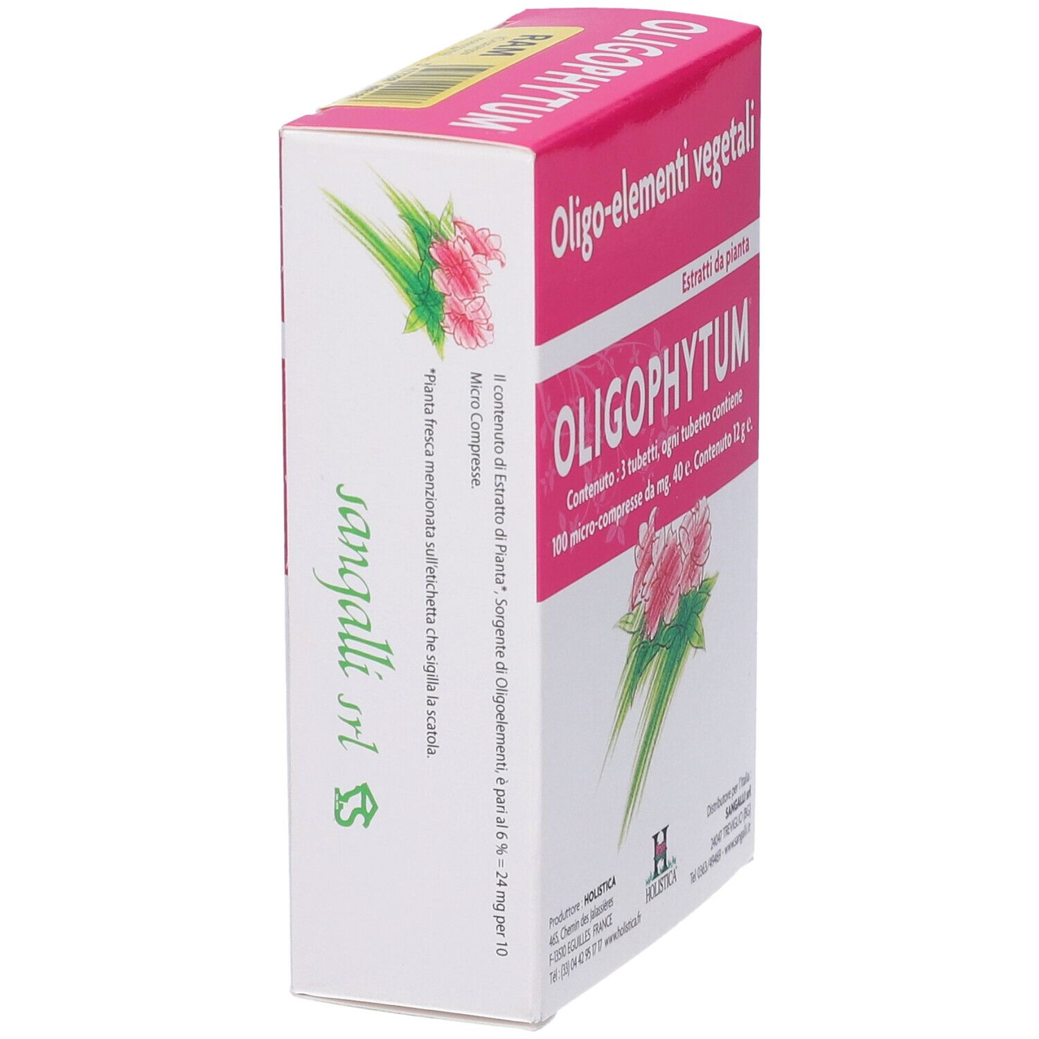 Lato della confezione Oligophytum. Scatola rosa e bianca con nome del prodotto e testo. Contiene 3 tubi di compresse.