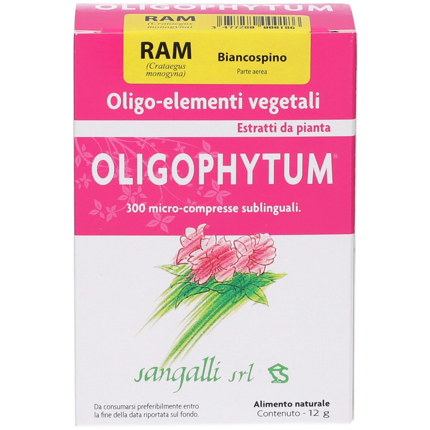 Confezione Oligophytum. Scatola rosa e bianca con nome del prodotto e illustrazione floreale. Contiene 300 micro-compresse sublinguali.
