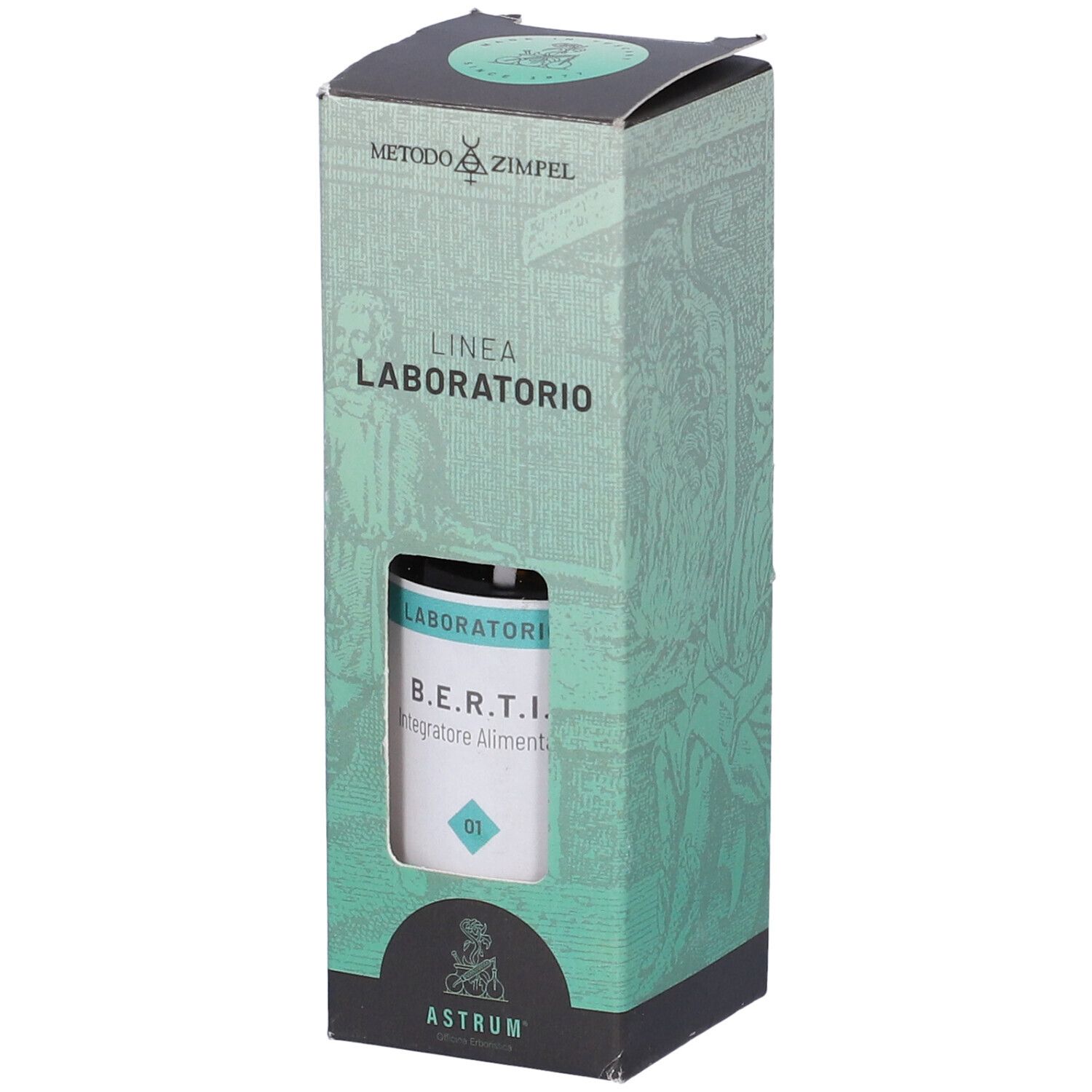 Confezione verde con finestra. Scritte: B.E.R.T.I., Laboratorio, Astrum. Coperchio nero.
