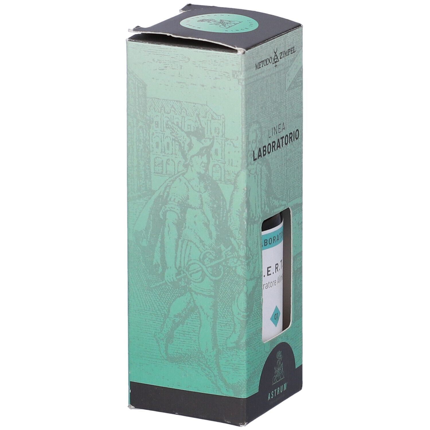 Confezione verde con finestra. Scritte: B.E.R.T.I., Laboratorio, Astrum. Coperchio nero.