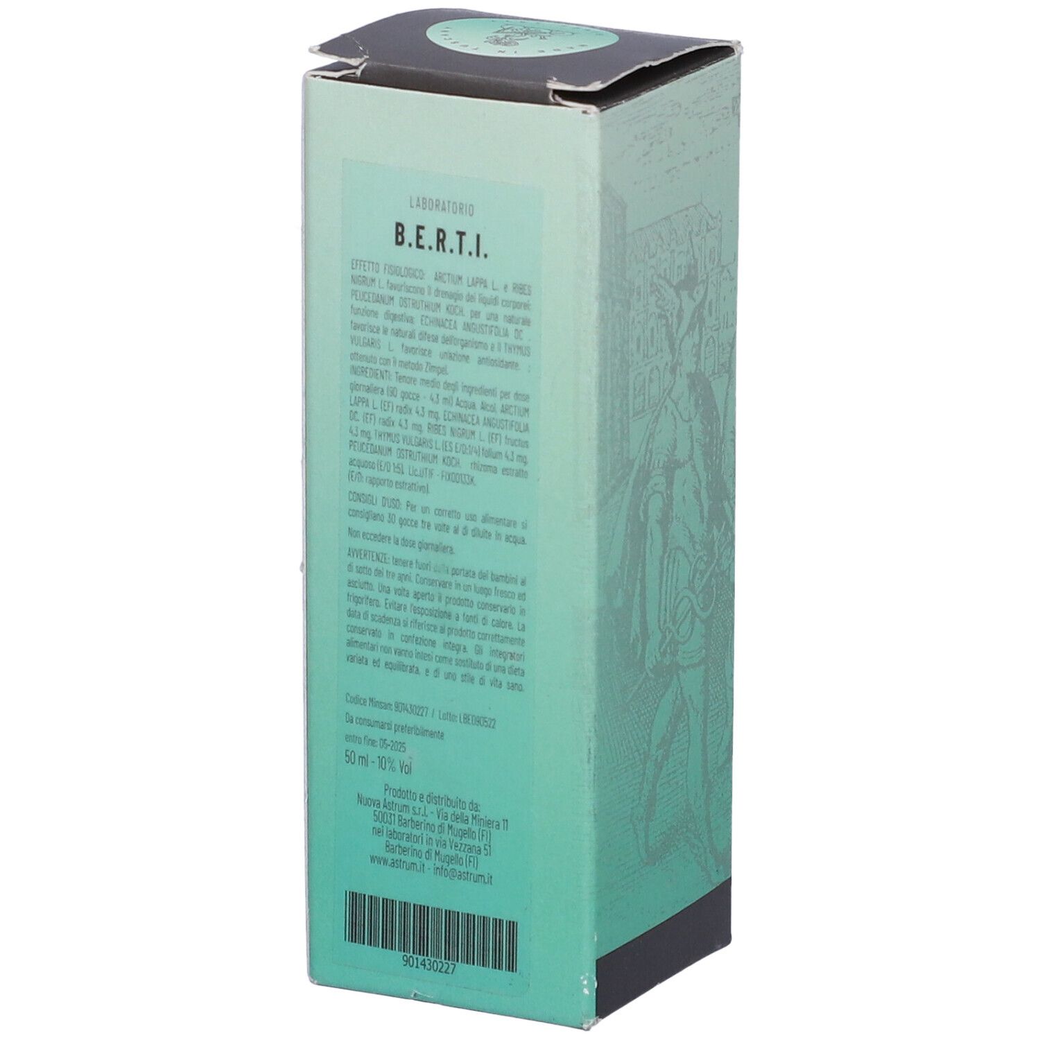 Confezione verde con testo e illustrazioni. Scritte: B.E.R.T.I., Laboratorio, Astrum. Coperchio nero.