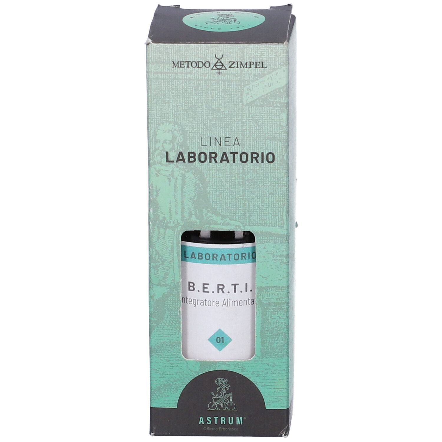 Confezione verde con finestra. Scritte: B.E.R.T.I., Laboratorio, Astrum. Coperchio nero.