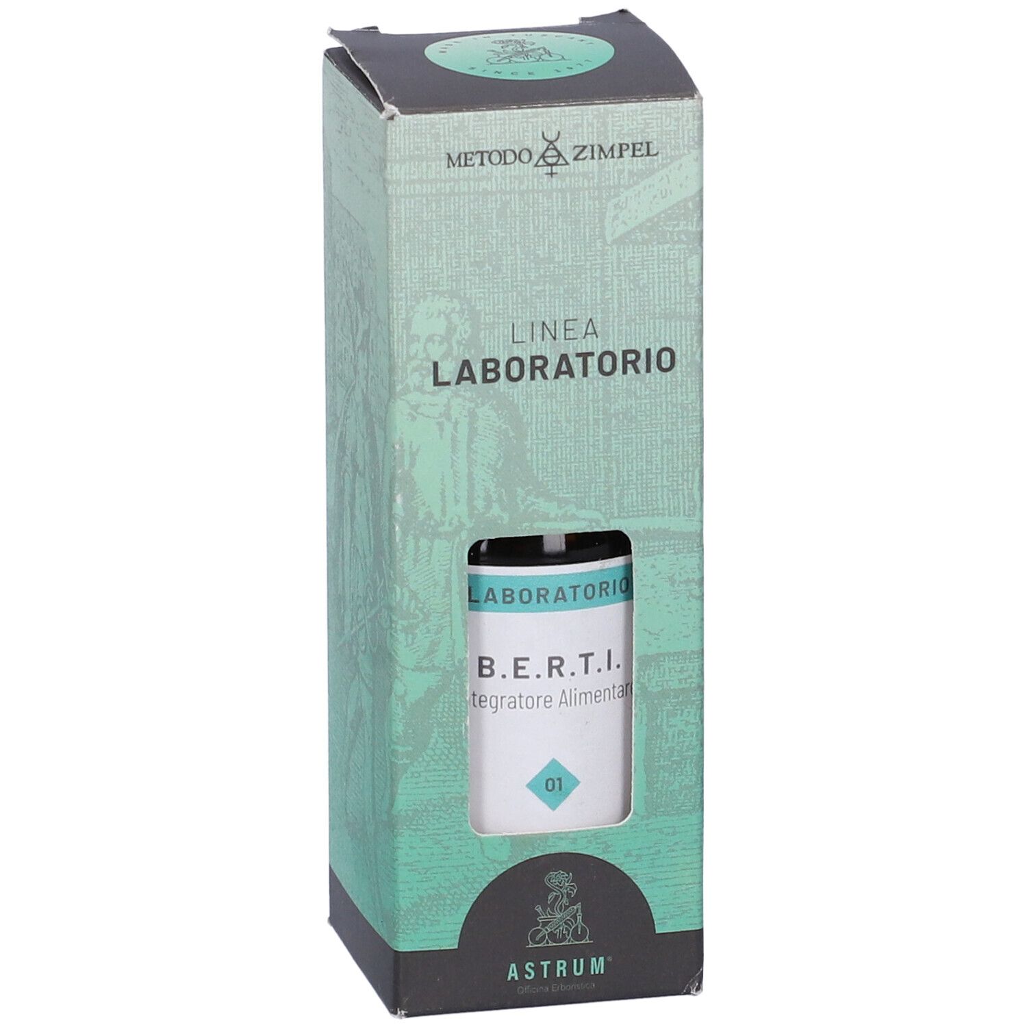 Confezione verde con finestra. Scritte: B.E.R.T.I., Laboratorio, Astrum. Coperchio nero.