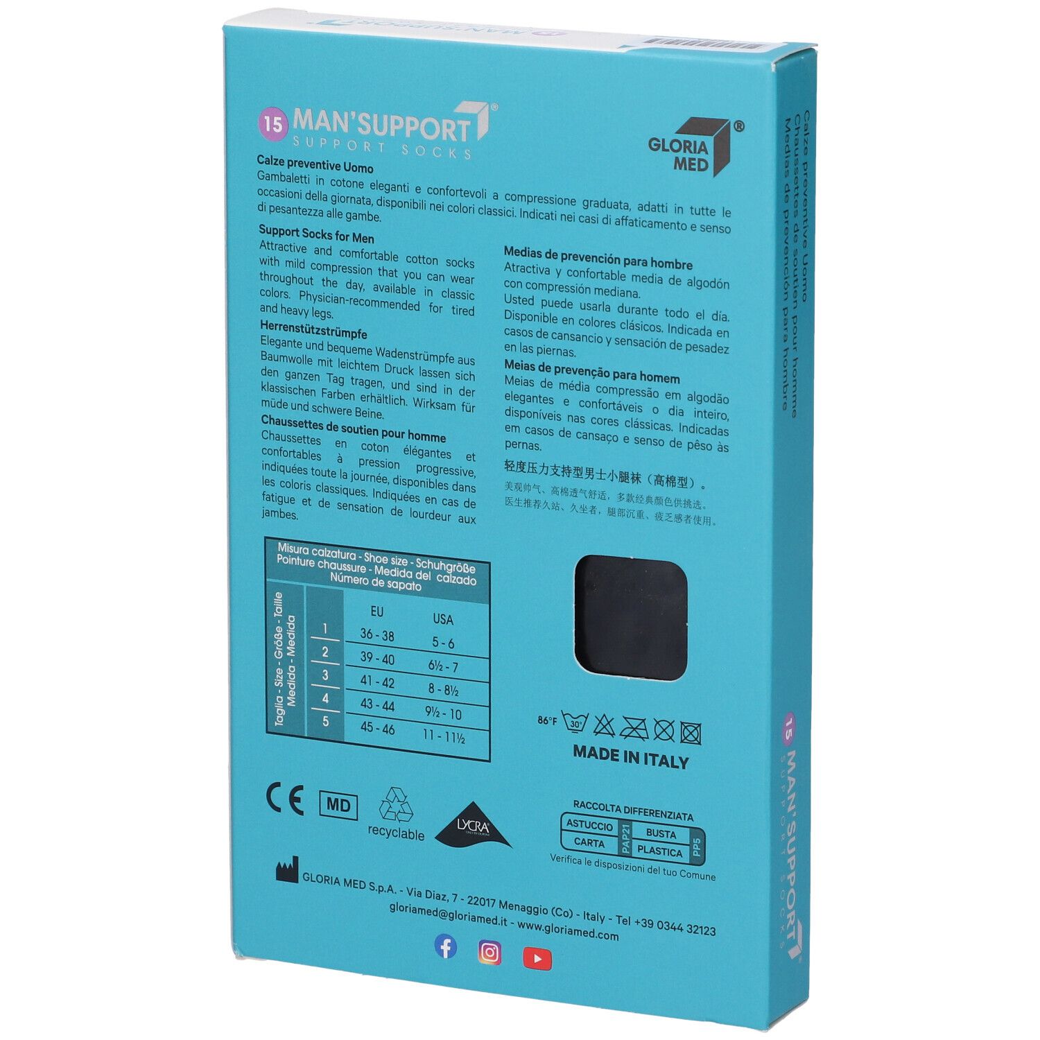 Retro della confezione turchese. Testo multilingue. Logo GLORIA MED. Informazioni sulle taglie. Made in Italy.