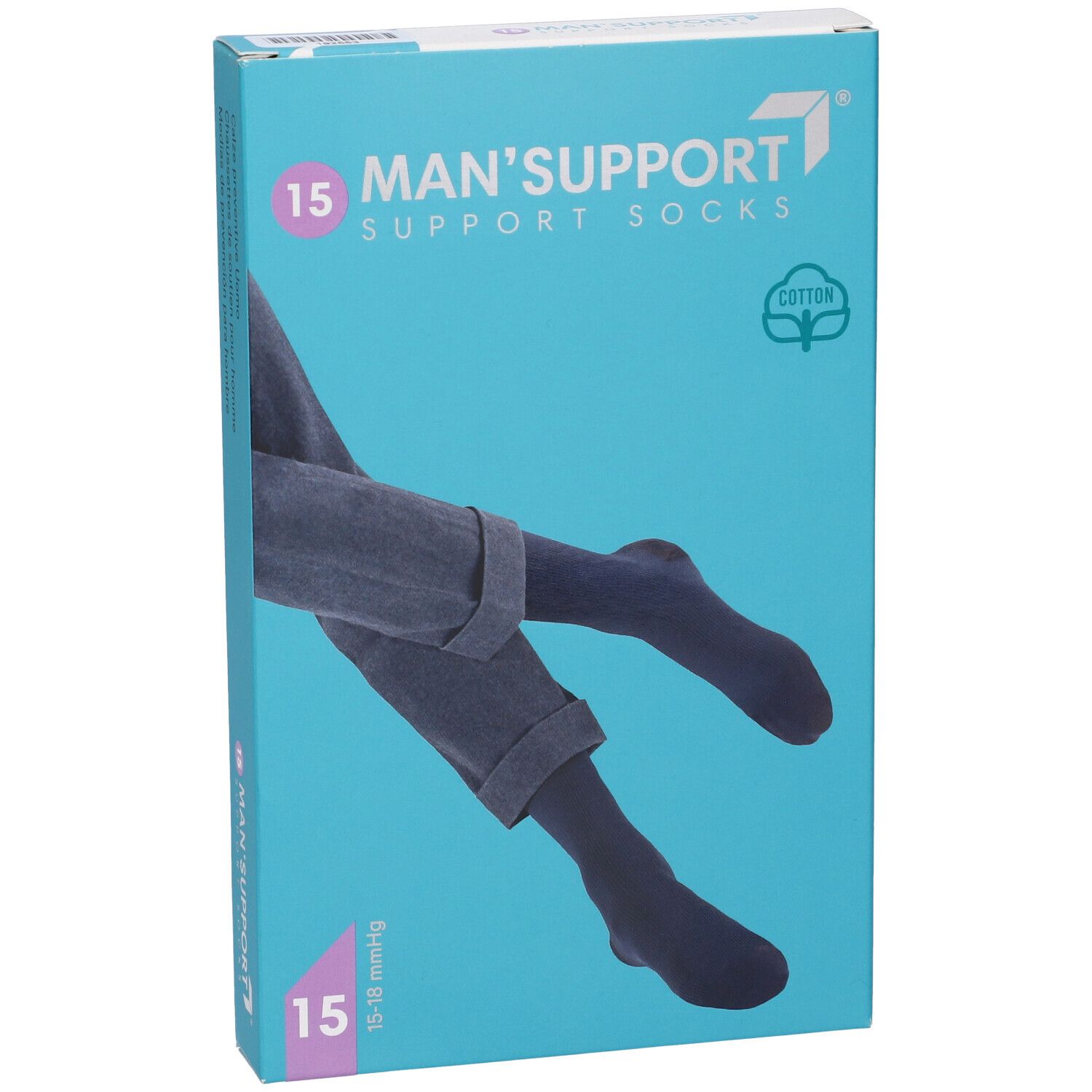 Confezione turchese con immagine del prodotto. Scritta: MAN'SUPPORT 15, calze di supporto per uomo. Logo cotone.