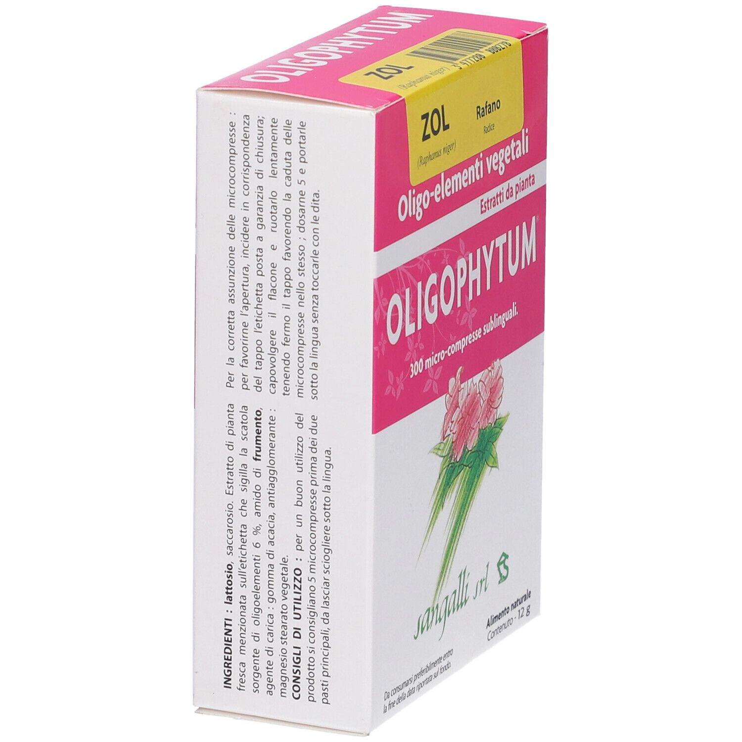 Scatola Oligophytum ZOL, vista laterale. Confezione rosa e bianca con nome del prodotto e testo. Elenco ingredienti e istruzioni.