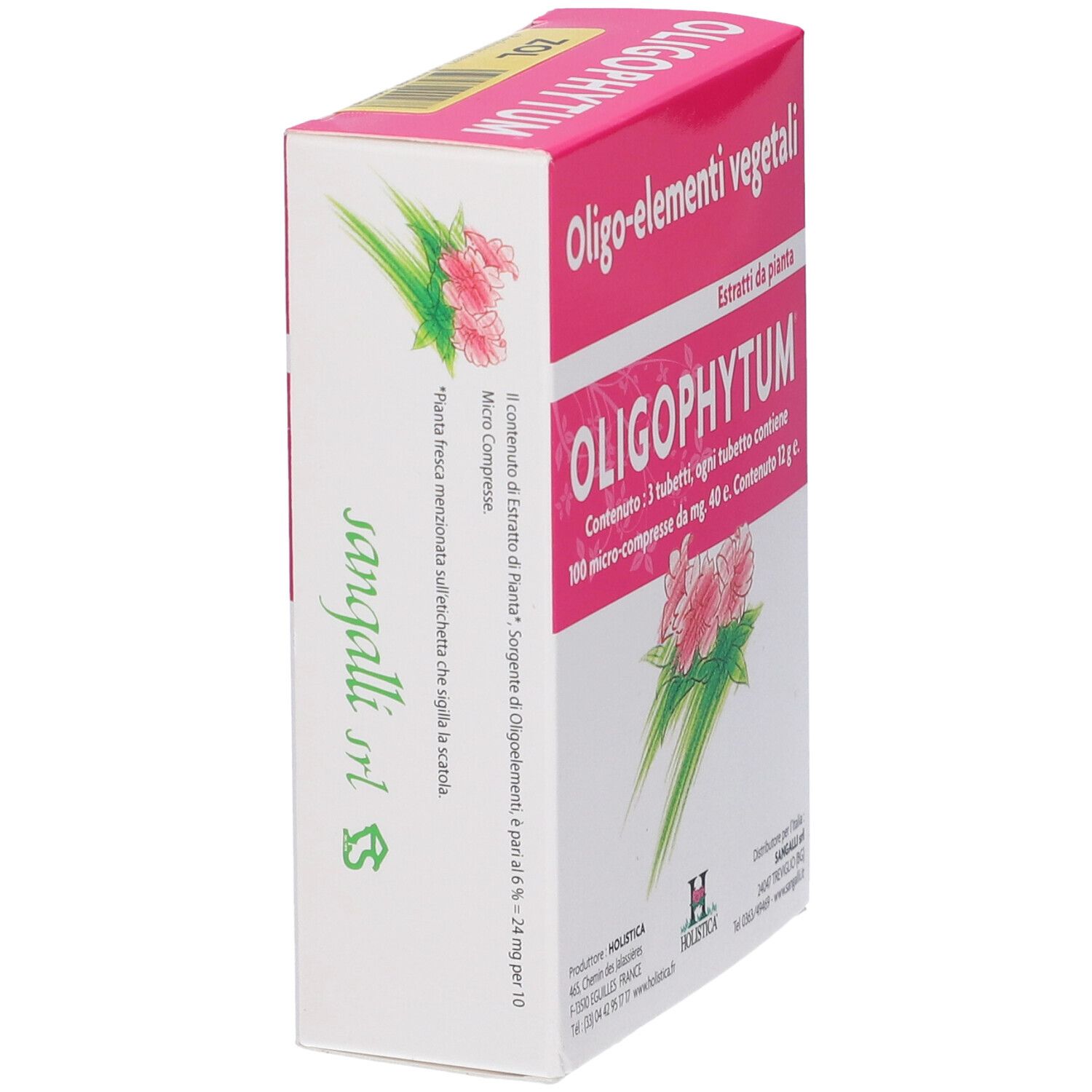 Scatola Oligophytum ZOL, vista obliqua. Confezione rosa e bianca con nome del prodotto e testo. Logo del produttore.