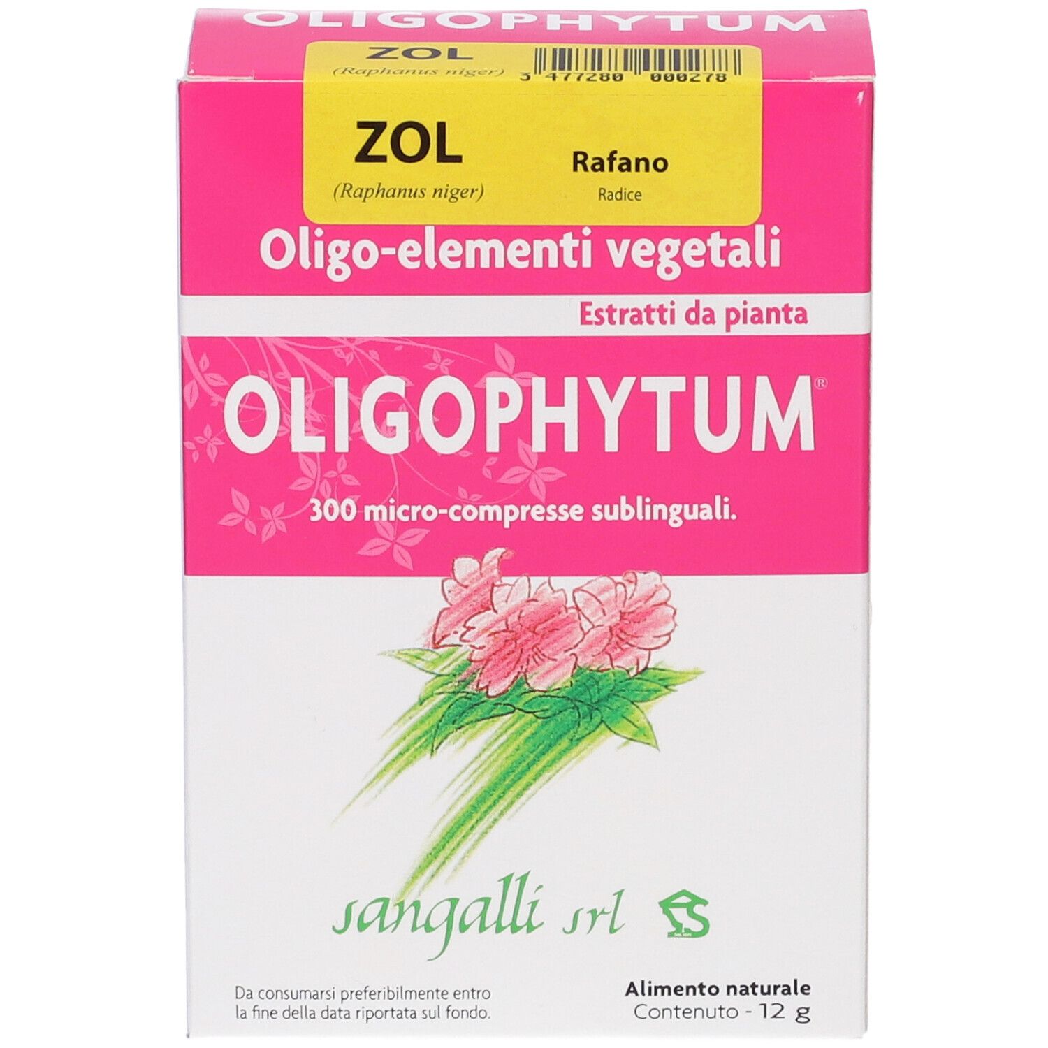 Scatola Oligophytum ZOL. Confezione rosa e bianca con nome del prodotto e illustrazione floreale. Testo: 300 micro-compresse sublinguali.