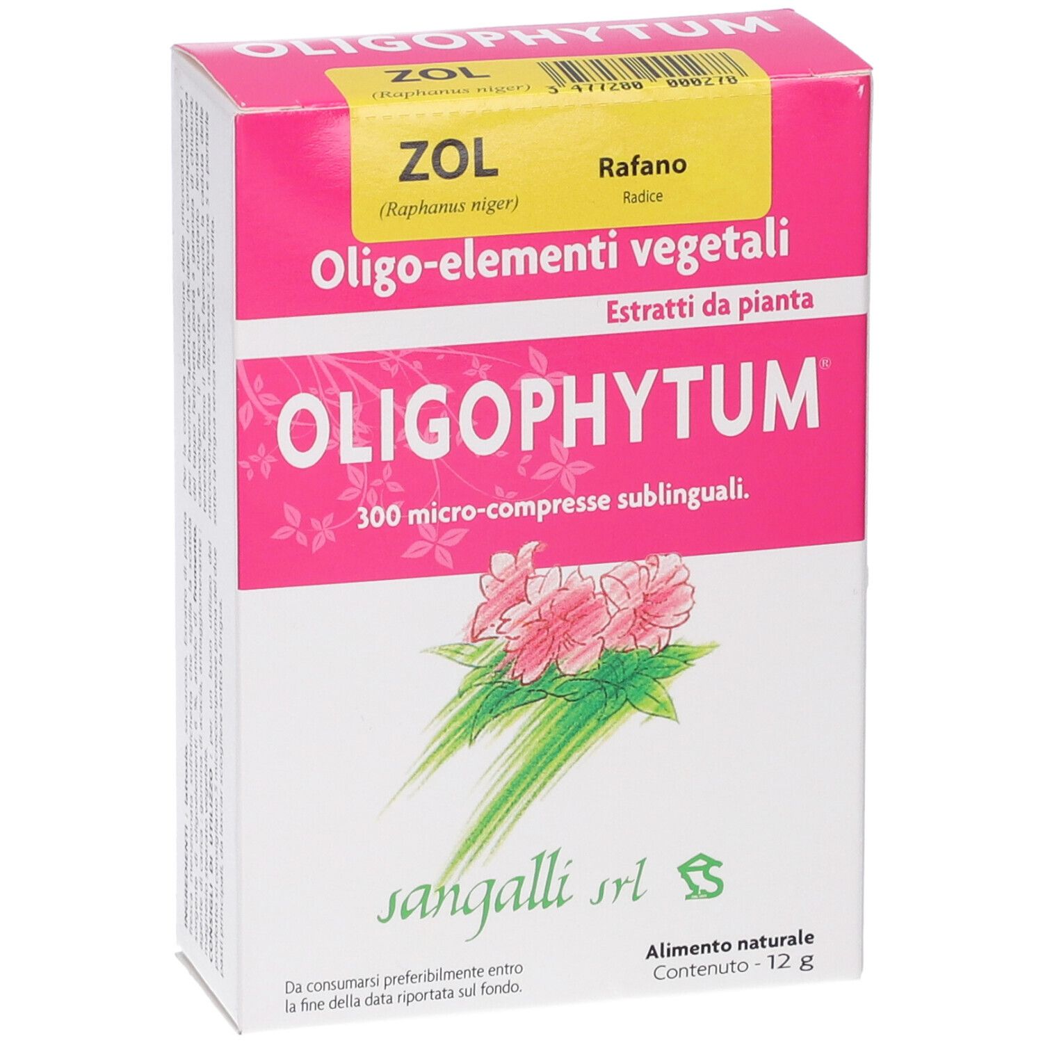 Scatola Oligophytum ZOL. Confezione rosa e bianca con nome del prodotto e illustrazione floreale. Testo: 300 micro-compresse sublinguali.