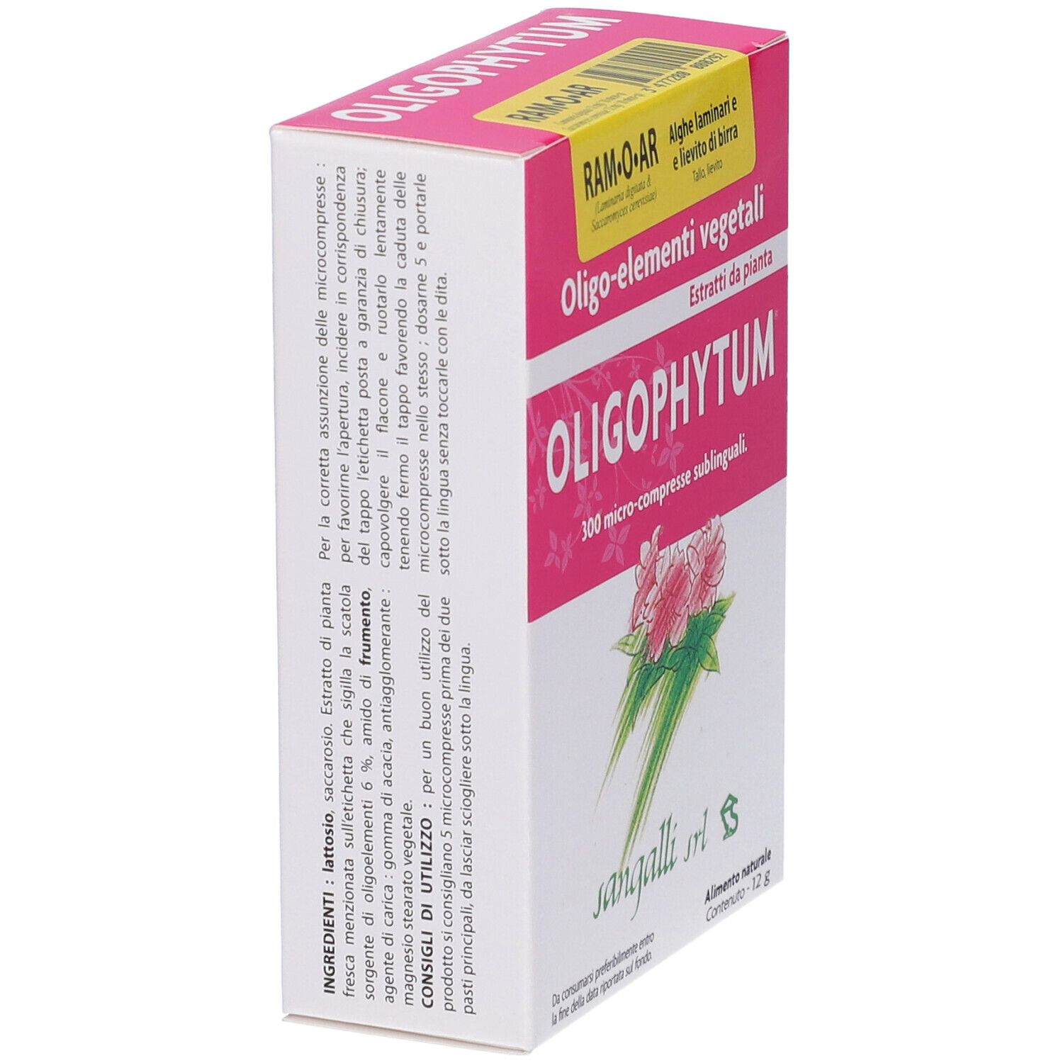 Scatola rosa e bianca con nome OLIGOPHYTUM. Testo: Oligo-elementi vegetali, 300 micro-compresse sublinguali. Logo Sangalli srl.