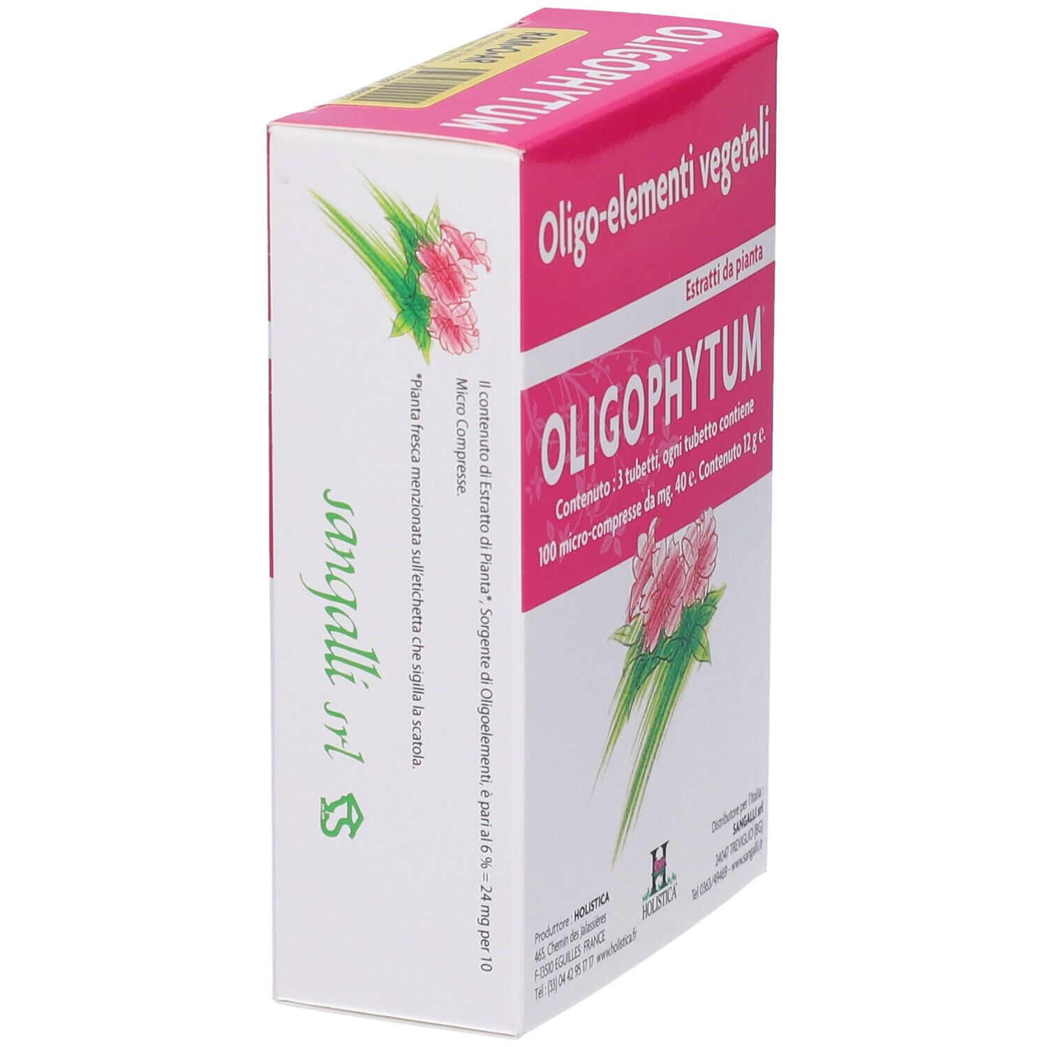 Scatola rosa e bianca con nome OLIGOPHYTUM. Testo: Oligo-elementi vegetali, 3 Tubetti, 100 micro-compresse. Logo Holistica.