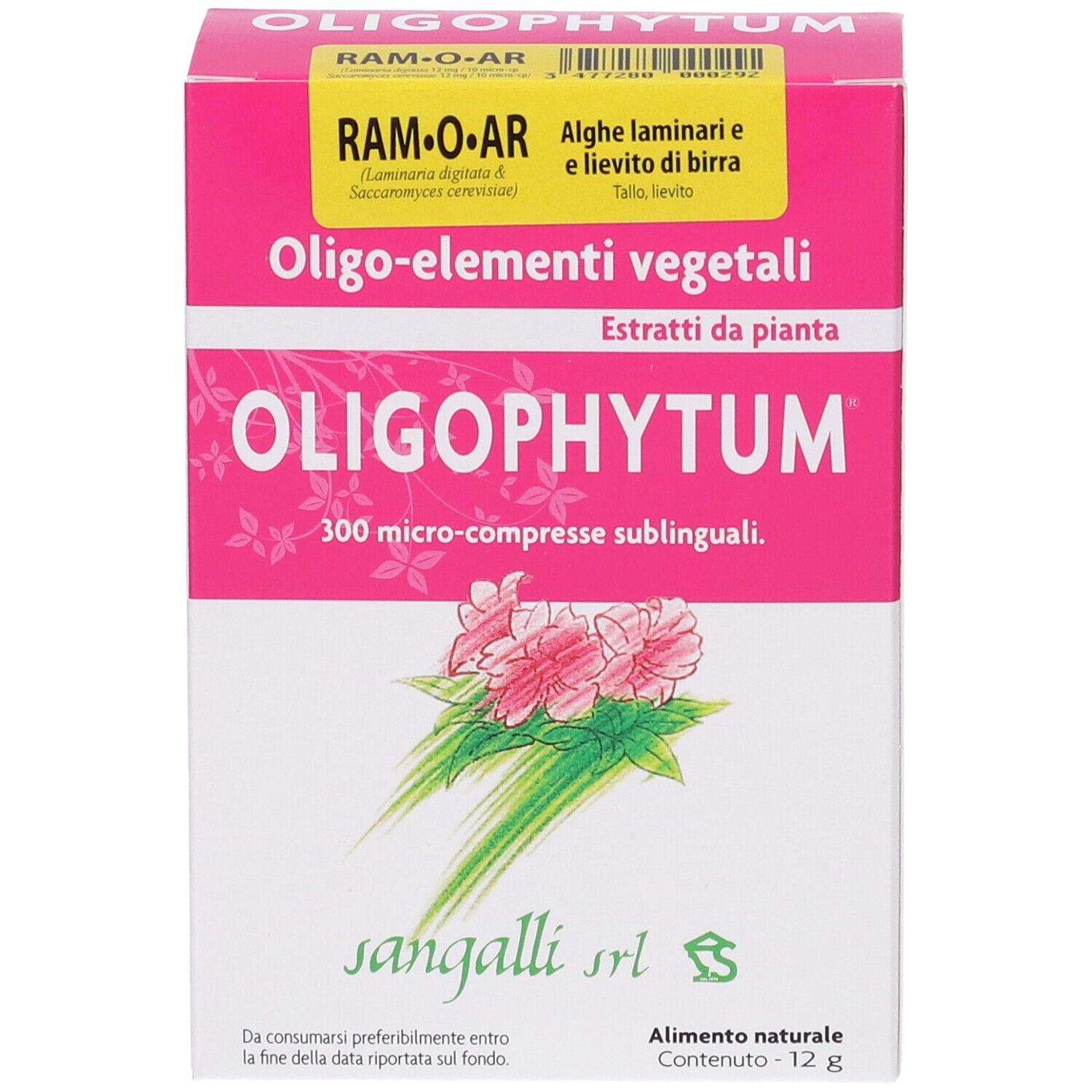 Scatola rosa e bianca con nome OLIGOPHYTUM. Testo: Oligo-elementi vegetali, 300 micro-compresse sublinguali. Logo Sangalli srl.
