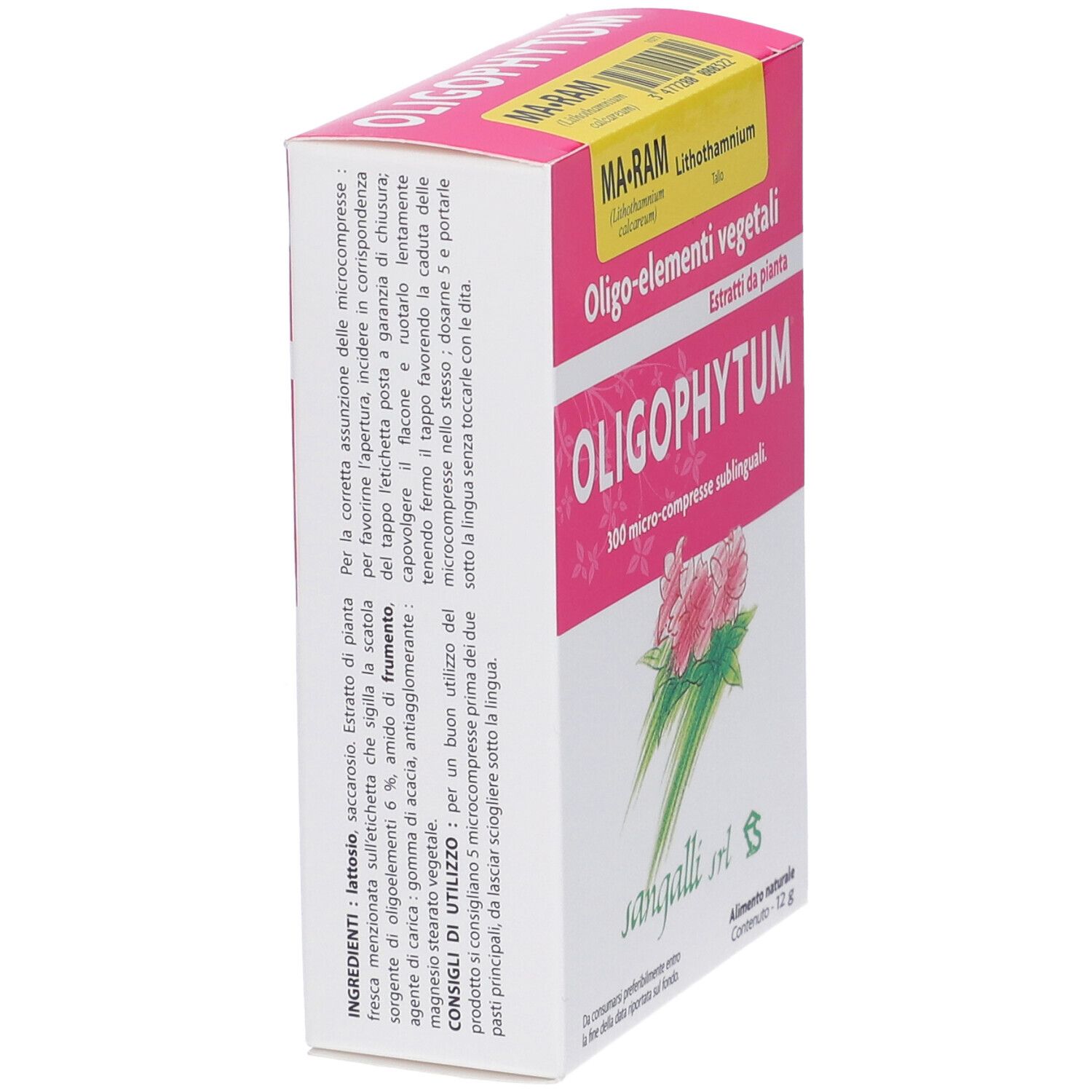 Scatola rosa con testo bianco. Contiene Oligophytum 300 microcompresse sublinguali. Marchio: Sangalli srl.