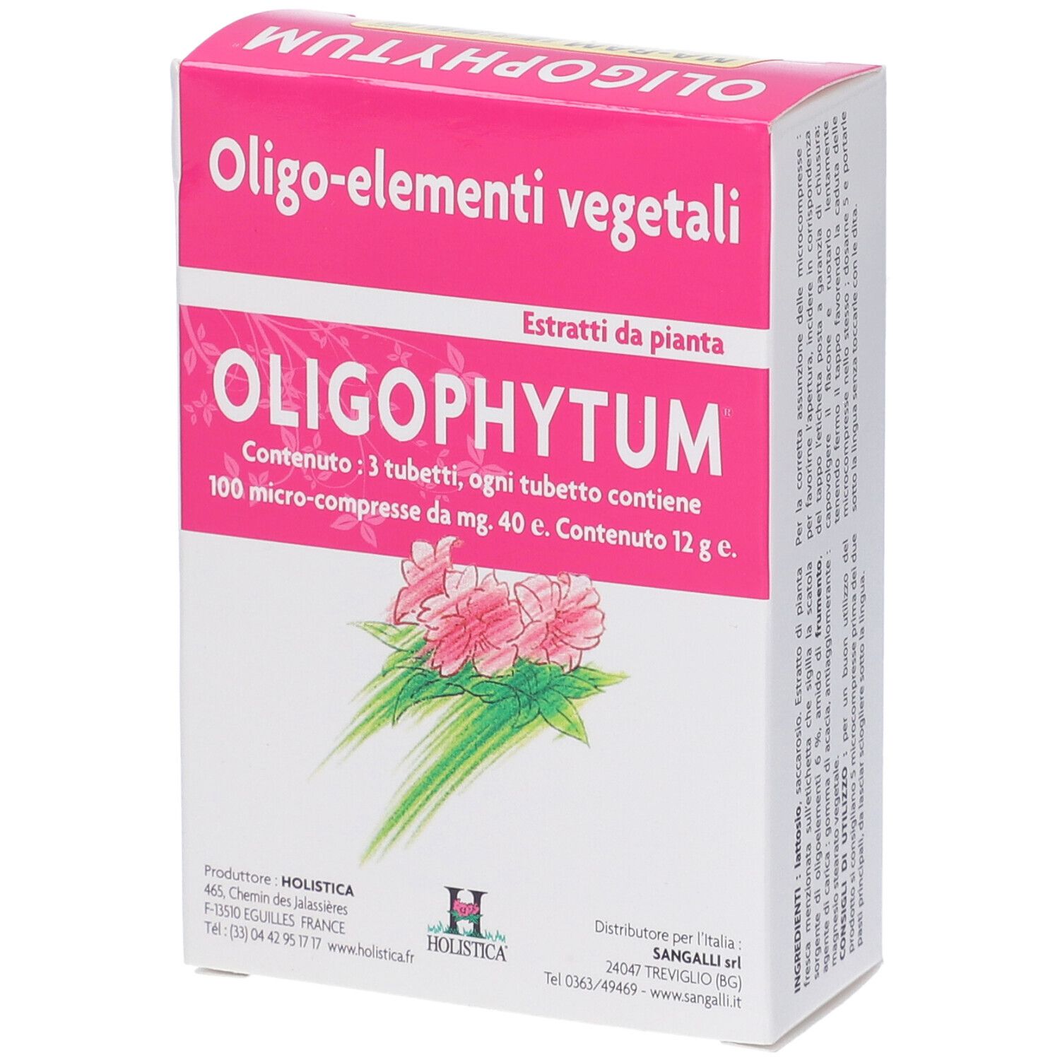 Scatola rosa con testo bianco. Contiene Oligophytum. 3 tubi, 100 microcompresse. Marchio: Holistica.