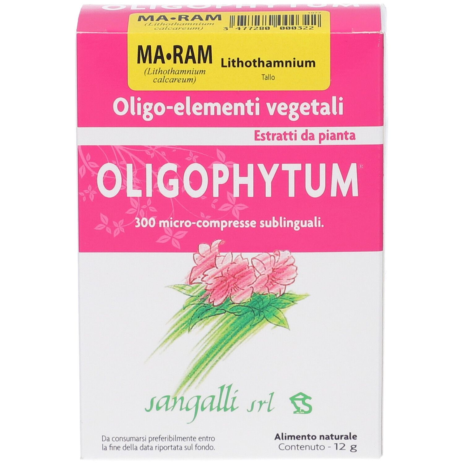 Scatola rosa con testo bianco. Contiene Oligophytum 300 microcompresse sublinguali. Marchio: Sangalli srl.