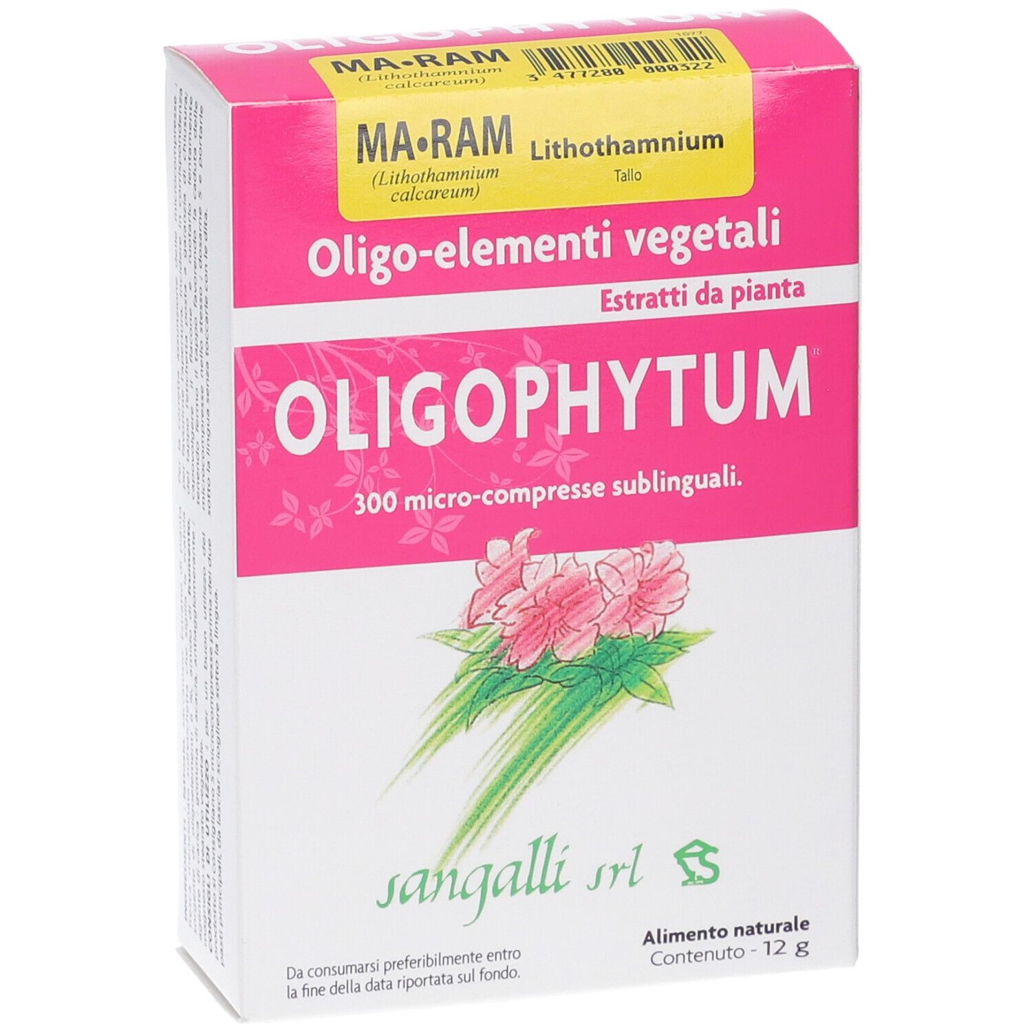 Scatola rosa con testo bianco. Contiene Oligophytum 300 microcompresse sublinguali. Marchio: Sangalli srl.