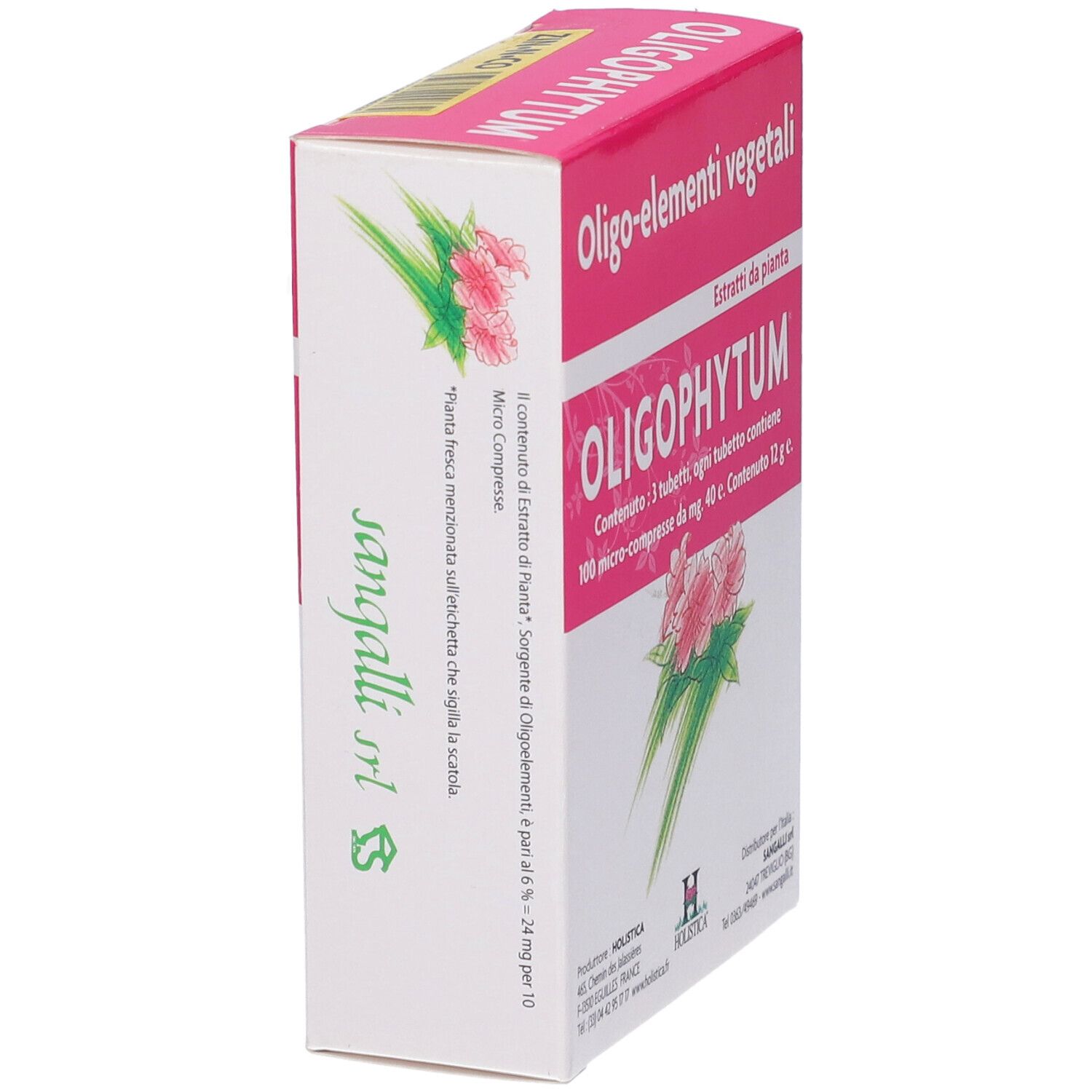 Scatola rosa Oligophytum. Scritte: Oligo-elementi vegetali, 3 tubi, 100 micro-compresse. Vista laterale.
