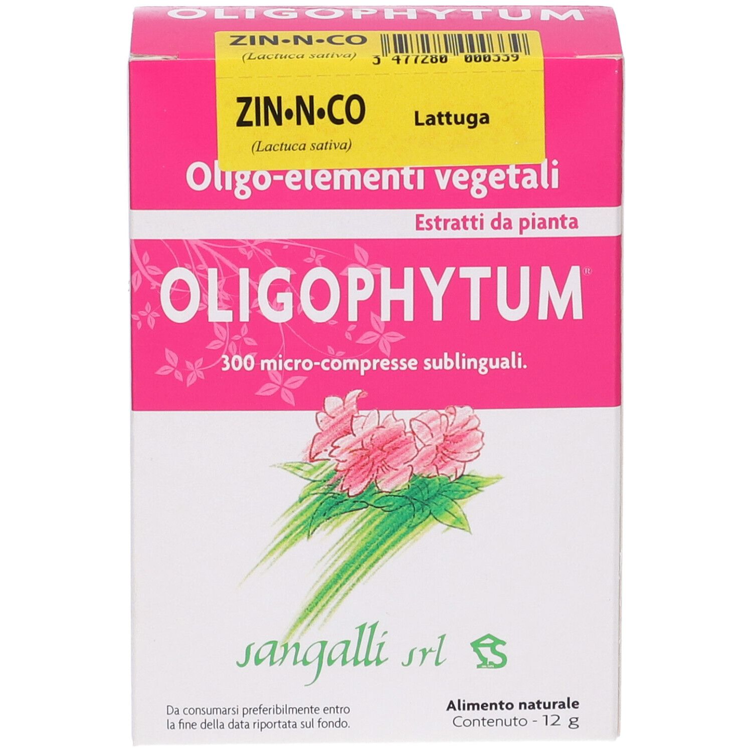 Scatola rosa Oligophytum. Scritte: ZIN-N-CO, Oligo-elementi vegetali, 300 micro-compresse sublinguali. Illustrazione floreale.