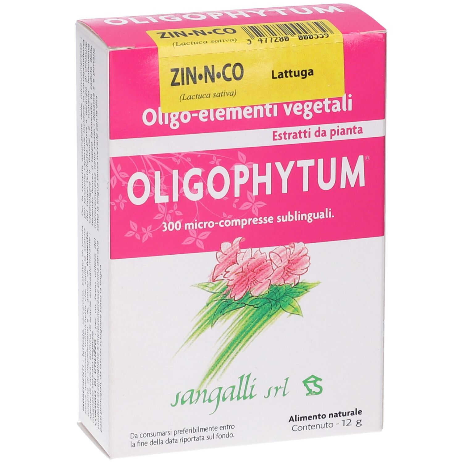 Scatola rosa Oligophytum. Scritte: ZIN-N-CO, Oligo-elementi vegetali, 300 micro-compresse sublinguali. Vista laterale.
