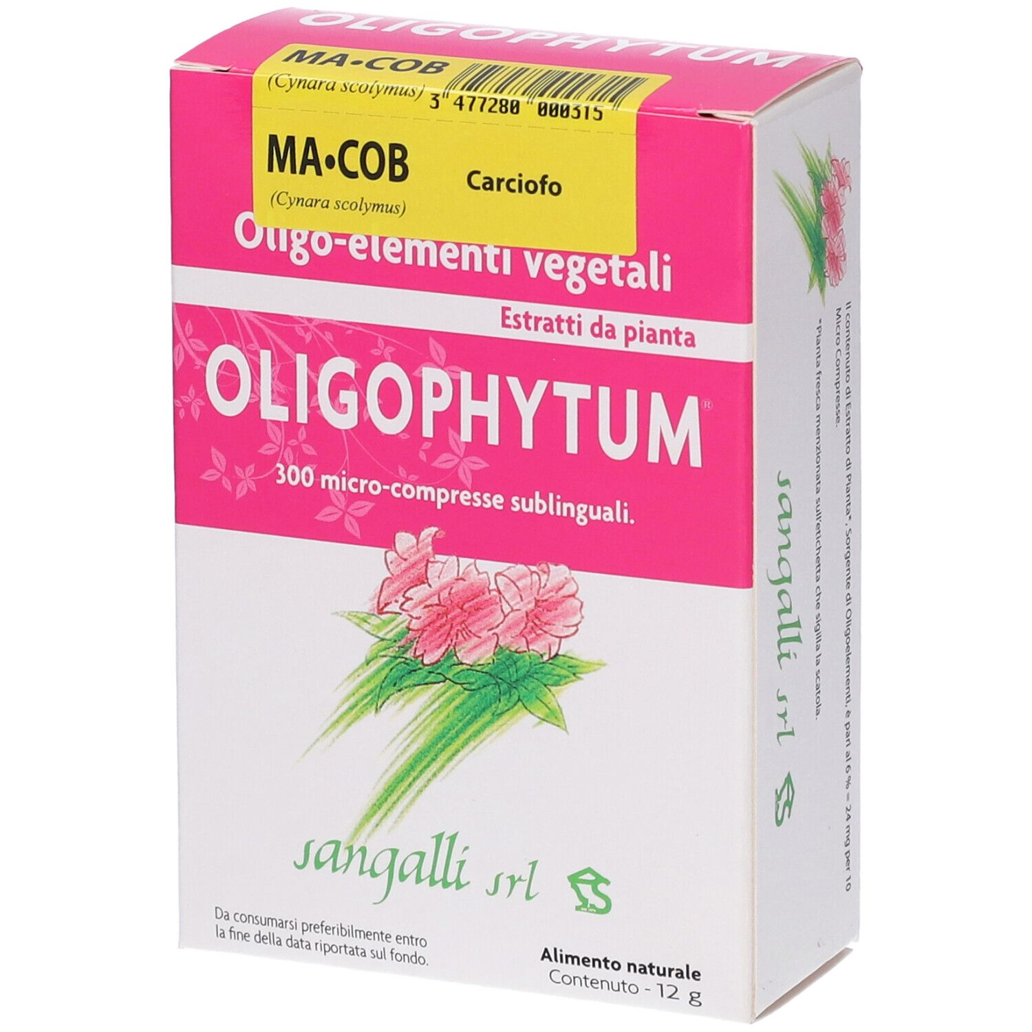 Confezione rosa con nome prodotto Oligophytum. Scritta MA-COB, Carciofo. 300 Microcompresse sublinguali.