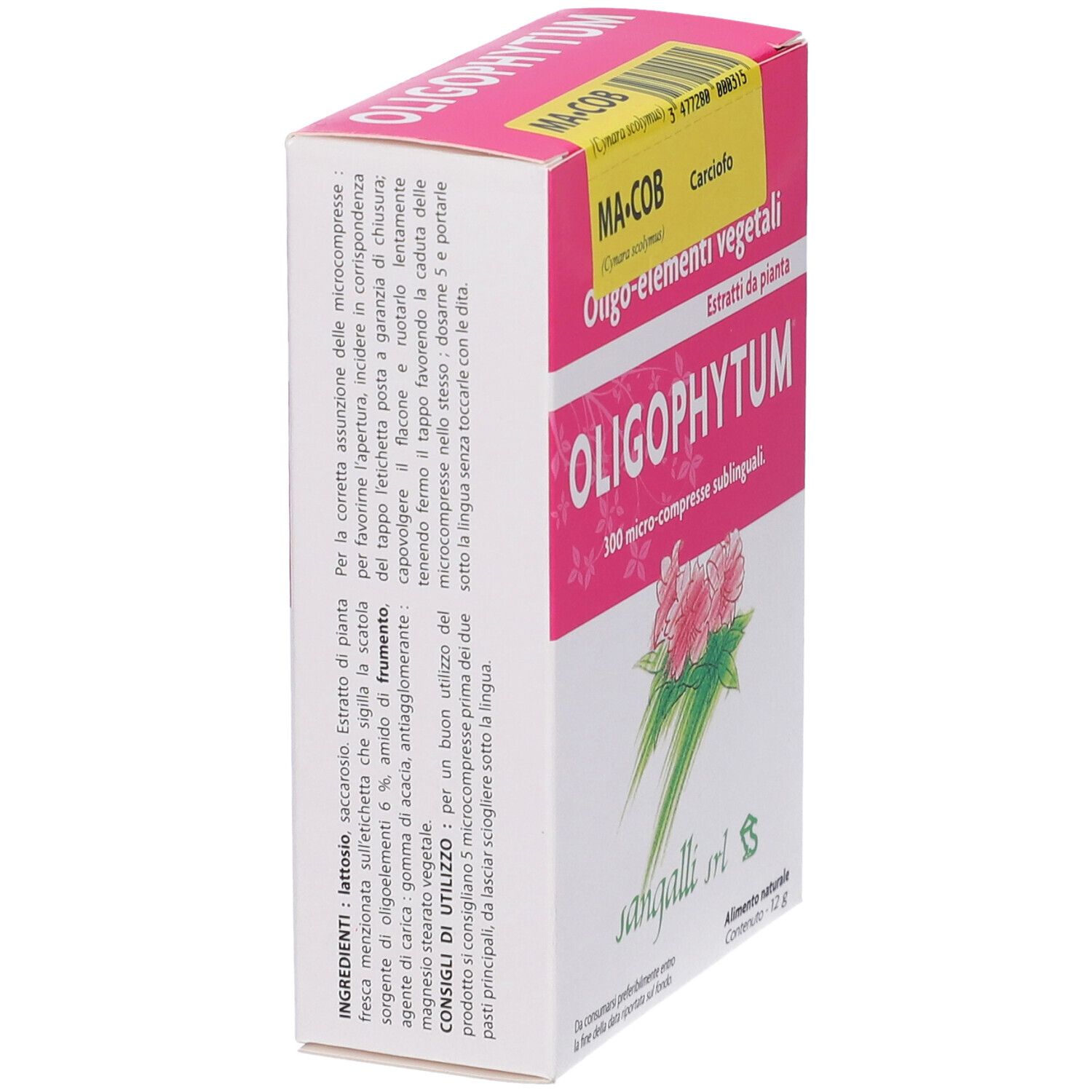 Confezione rosa con nome prodotto Oligophytum. Scritta MA-COB, Carciofo. 300 Microcompresse sublinguali.
