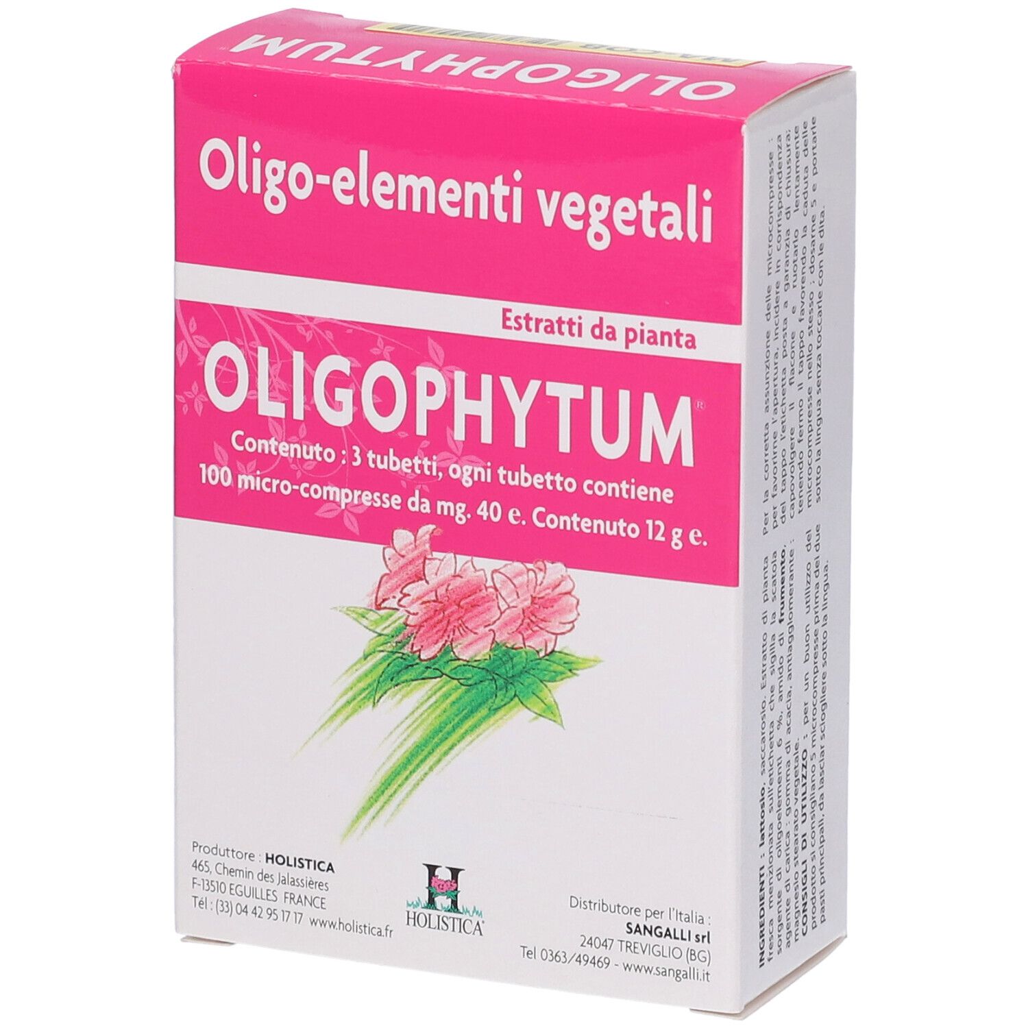 Confezione rosa con nome prodotto Oligophytum. Contiene 3 tubi. 100 Microcompresse per tubo.