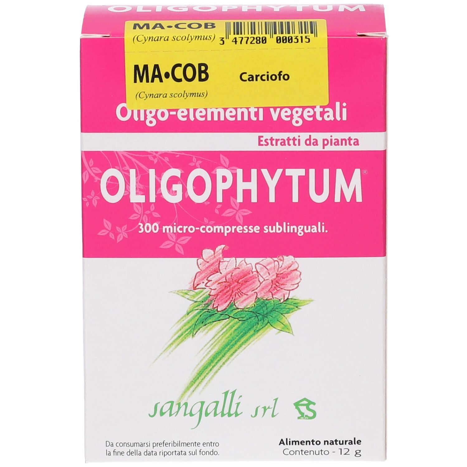 Confezione rosa con nome prodotto Oligophytum. Scritta MA-COB, Carciofo. 300 Microcompresse sublinguali.