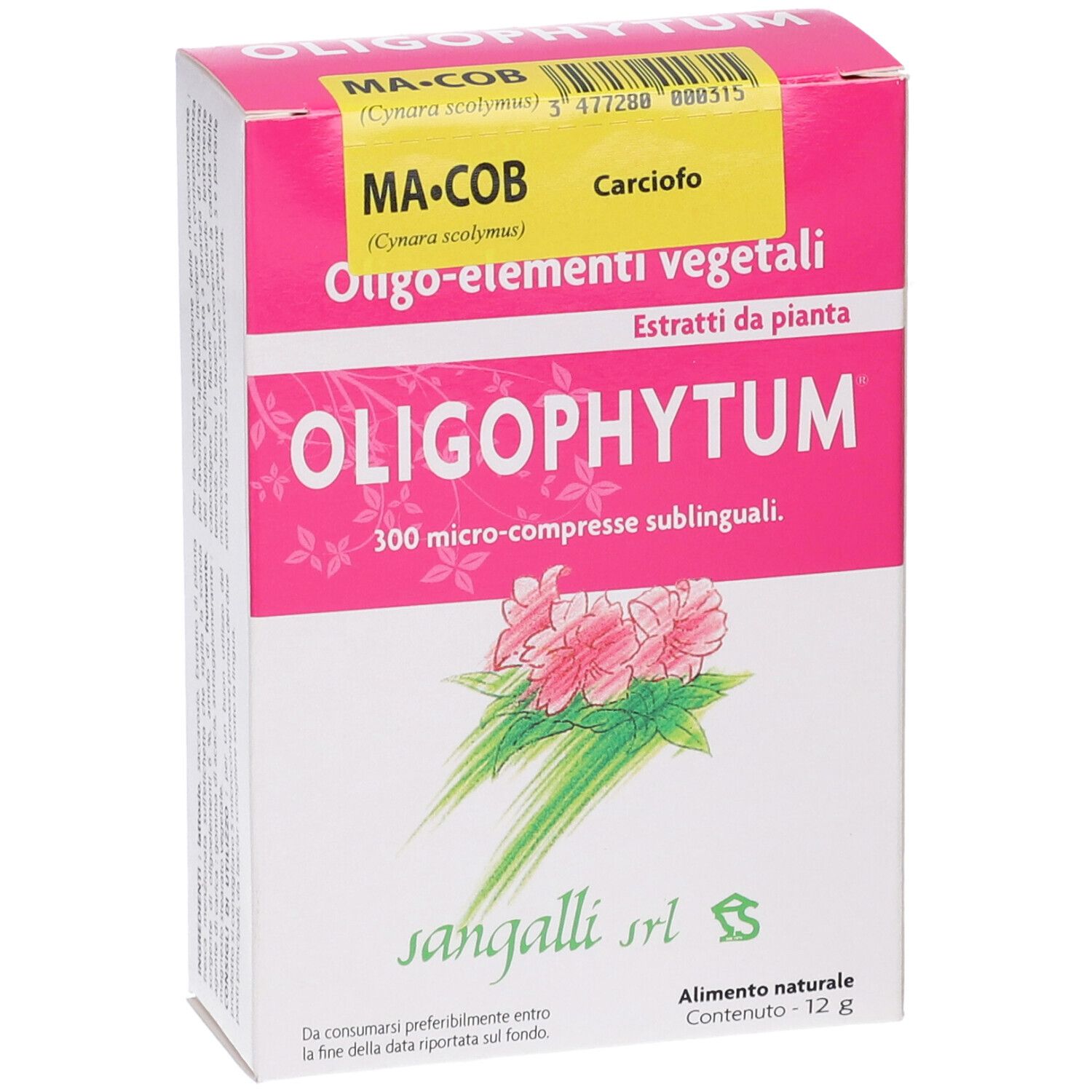Confezione rosa con nome prodotto Oligophytum. Scritta MA-COB, Carciofo. 300 Microcompresse sublinguali.