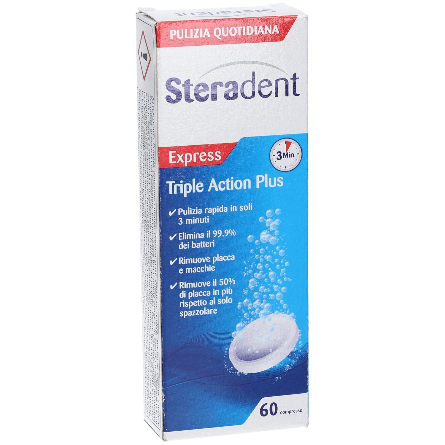 Vista frontale della scatola Steradent Triple Action Plus. Contiene nome del prodotto, logo Express e descrizione. 60 compresse.