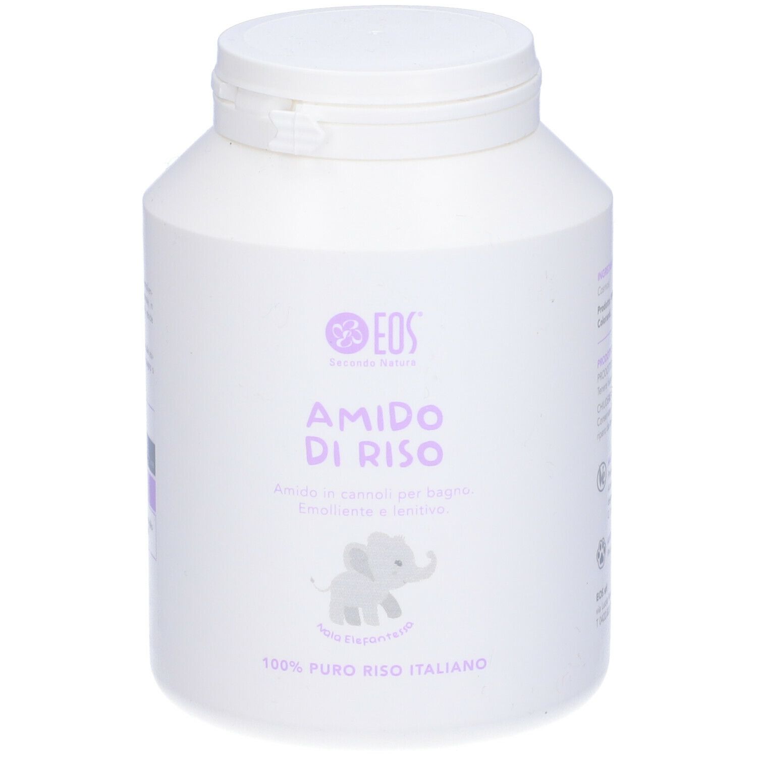 Contenitore bianco con coperchio. Scritta: EOS, Amido di Riso. Piccolo logo elefante. 100% puro riso italiano.