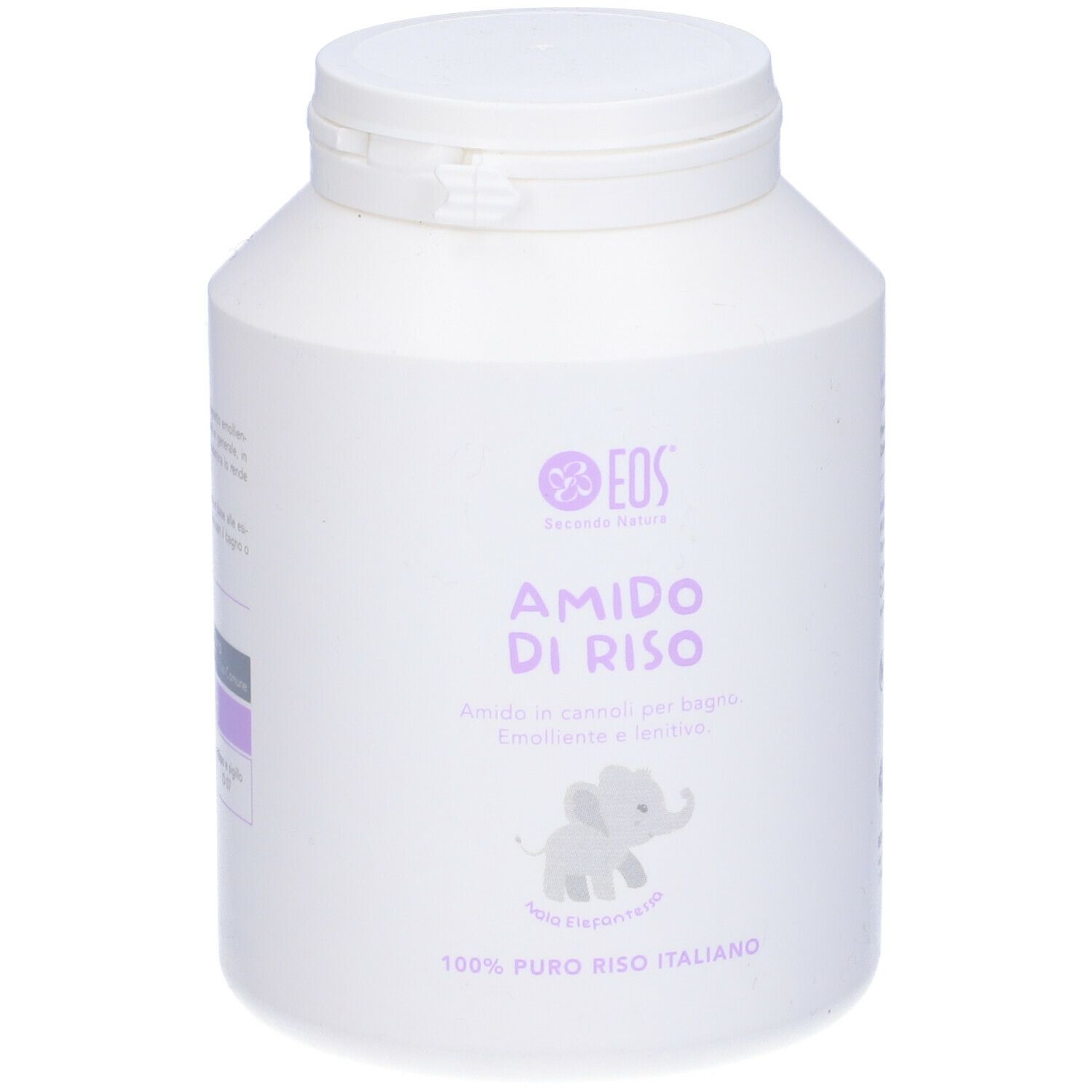 Contenitore bianco con coperchio. Scritta: EOS, Amido di Riso. Piccolo logo elefante. 100% puro riso italiano.