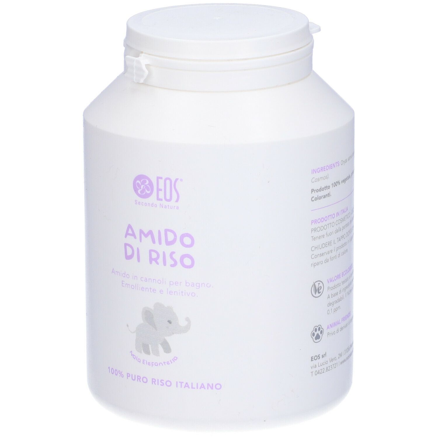 Contenitore bianco con coperchio. Scritta: EOS, Amido di Riso. Piccolo logo elefante. Informazioni sul prodotto e ingredienti.