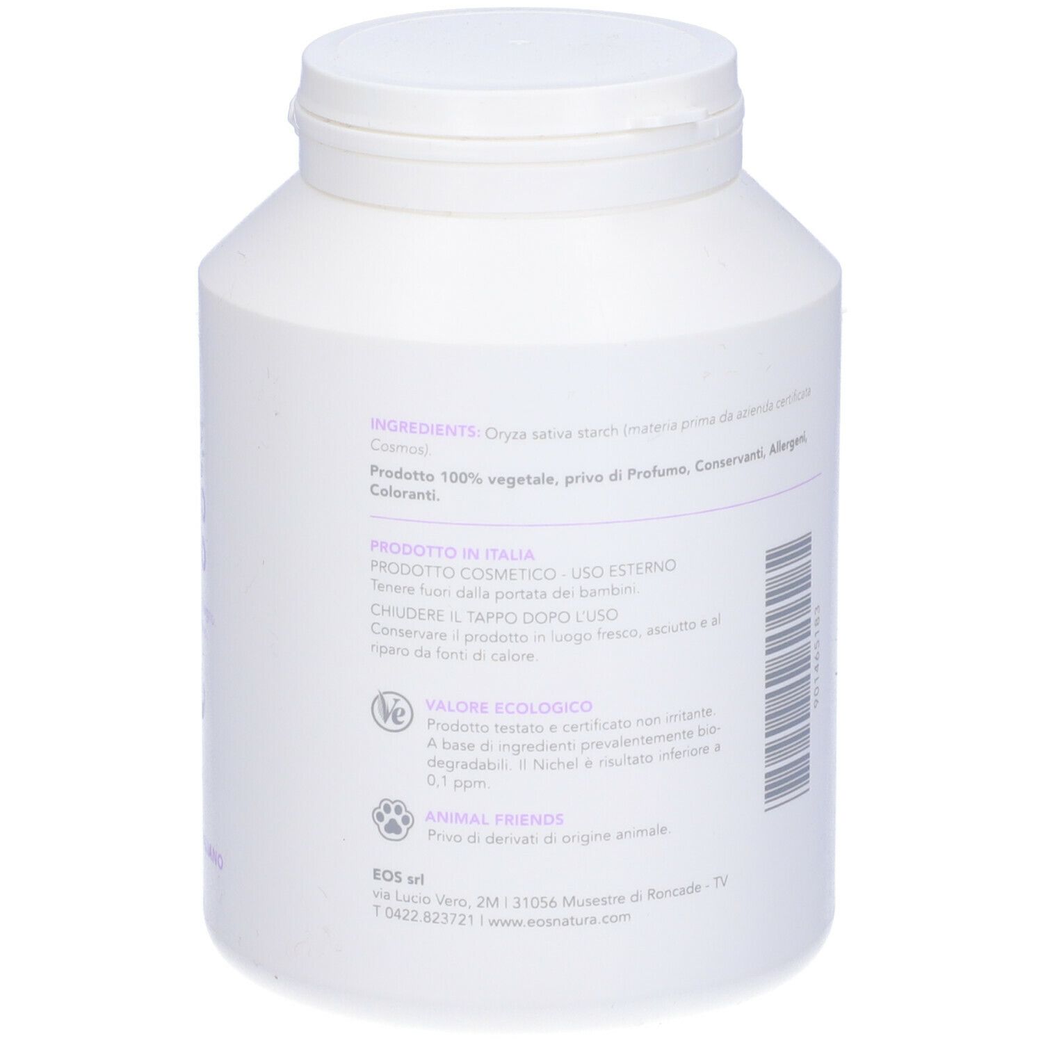Contenitore bianco con coperchio. Scritta: EOS, Amido di Riso. Piccolo logo elefante. Informazioni sul prodotto e ingredienti.