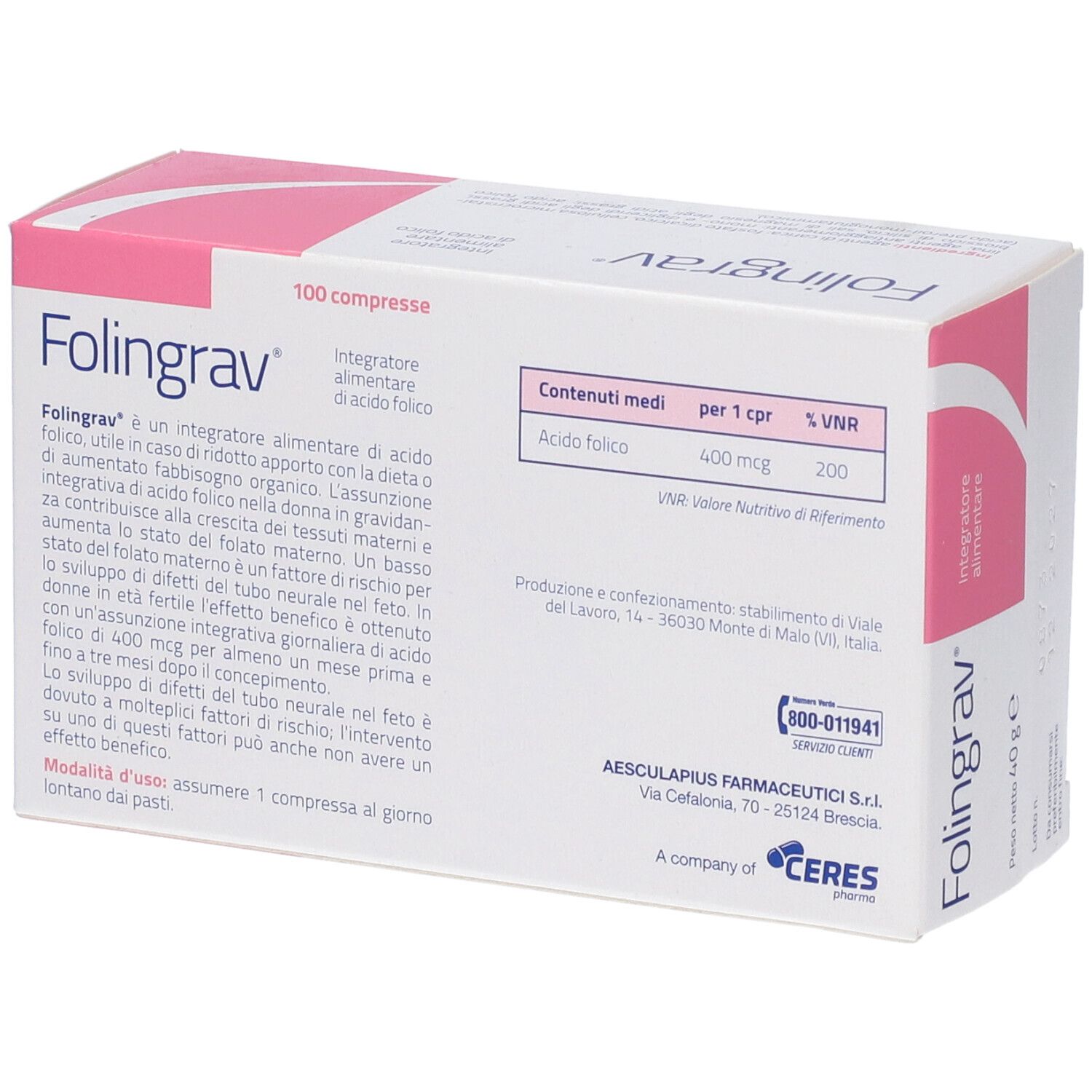 Retro della scatola "Folingrav". Testo e tabella dei valori nutrizionali. 100 compresse.
