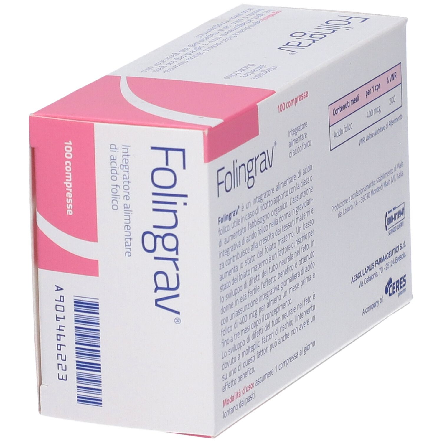 Scatola "Folingrav" in prospettiva. Retro con testo e tabella. 100 compresse.