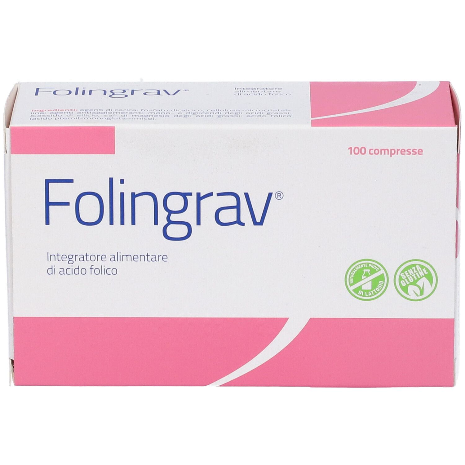 Scatola "Folingrav". Confezione rosa e bianca. 100 compresse. Loghi verde e bianco.