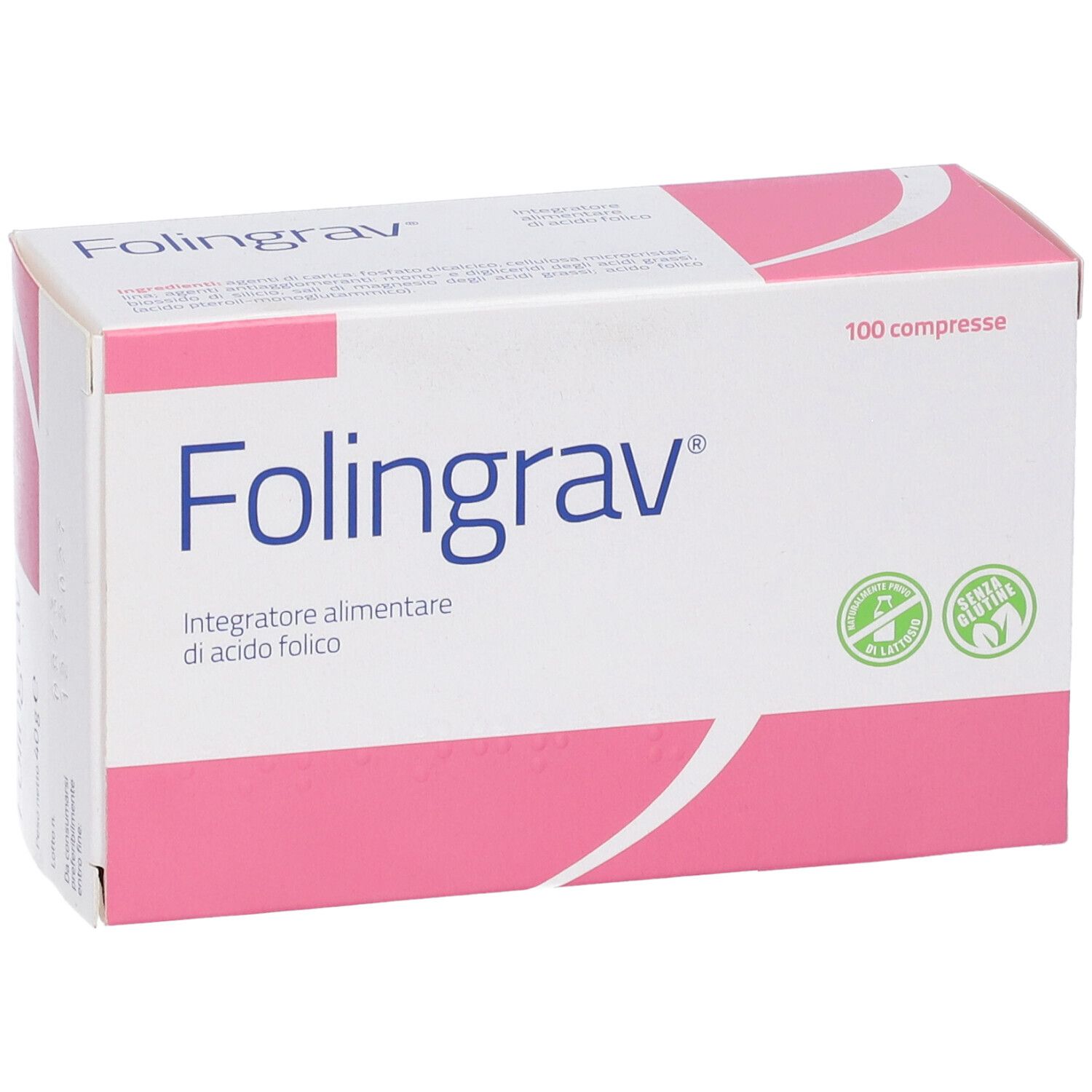Scatola "Folingrav". Confezione rosa e bianca. 100 compresse. Loghi verde e bianco.
