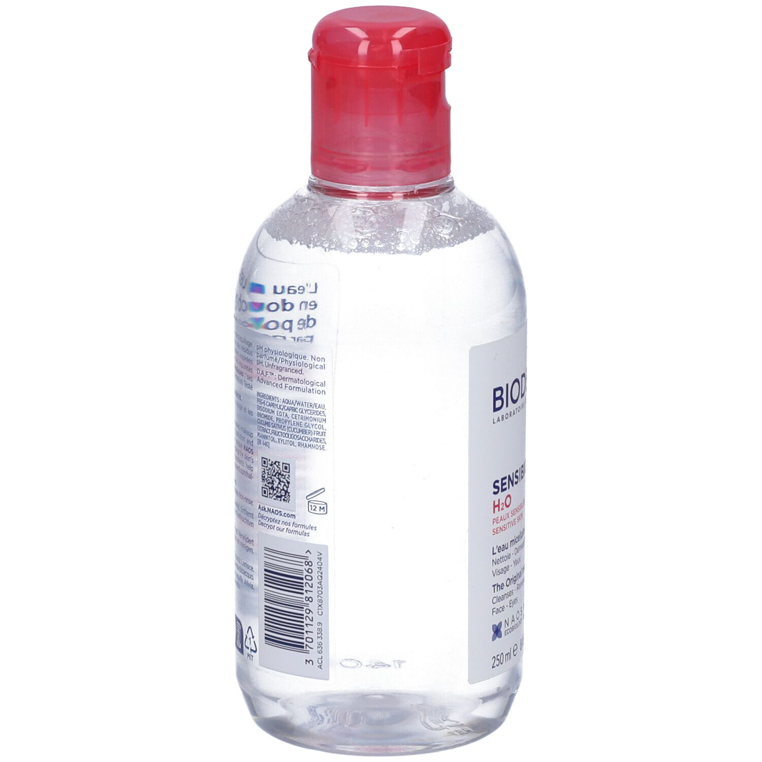 Retro del flacone con tappo rosso. Scritte e codice a barre. BIODERMA, Sensibio H2O, per pelli sensibili.