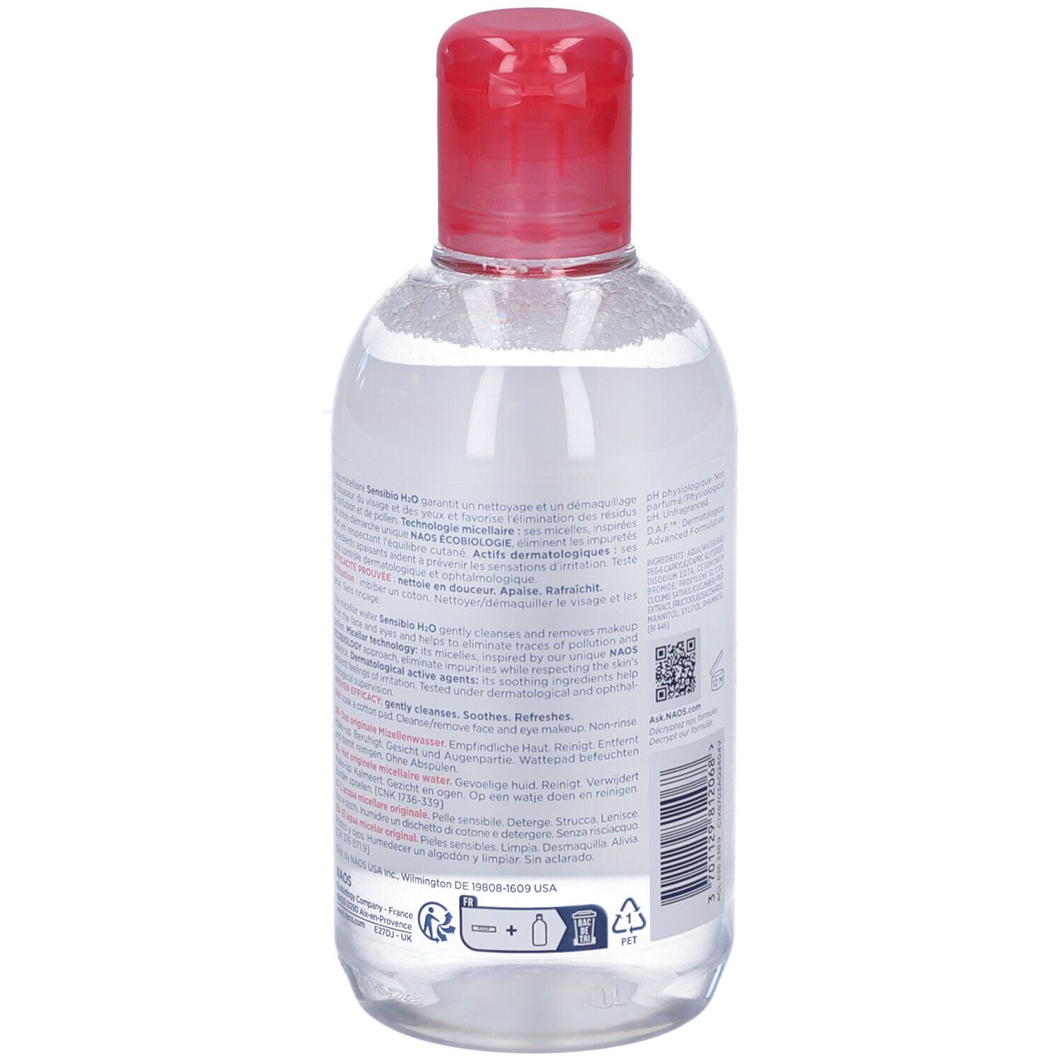 Retro del flacone con tappo rosso. Testo multilingue. BIODERMA, Sensibio H2O, per pelli sensibili.