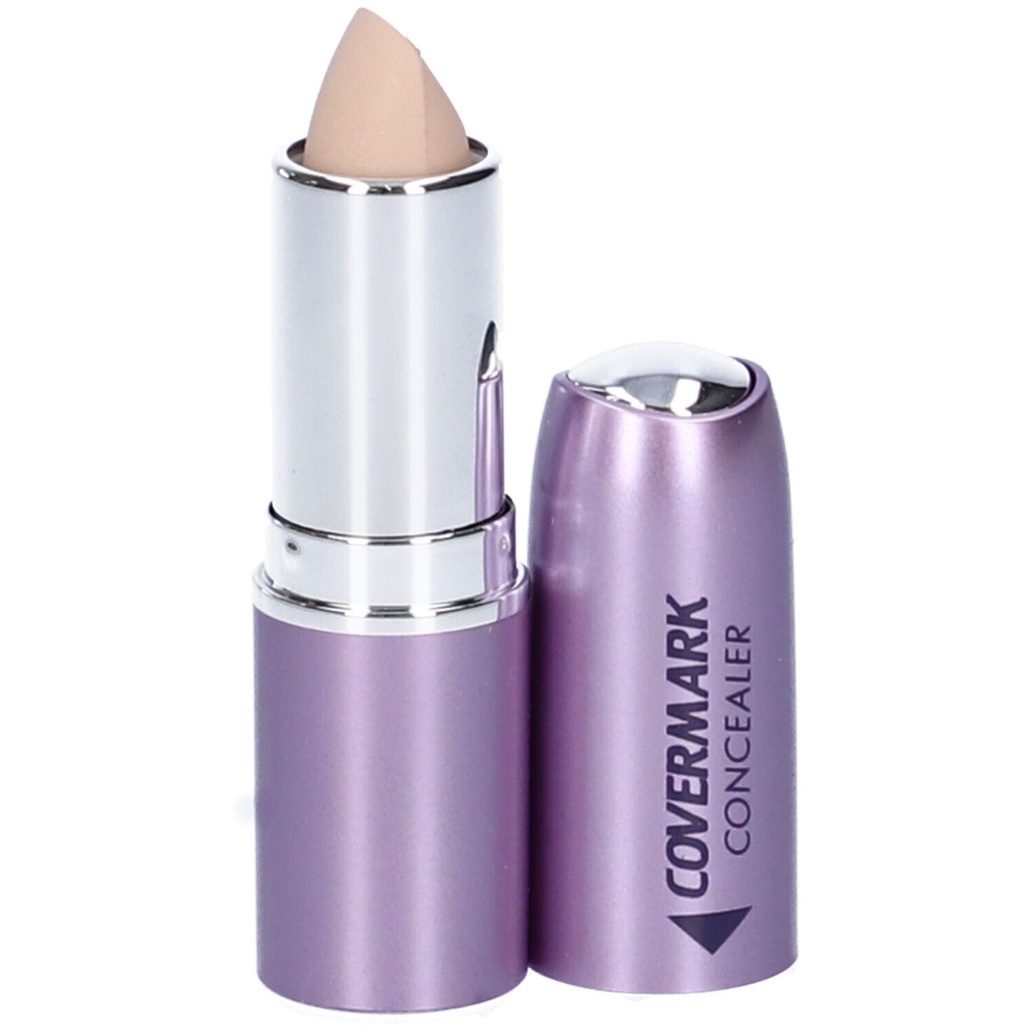 Stick correttore aperto. Punta chiara, fusto argentato, astuccio lilla. COVERMARK CONCEALER.