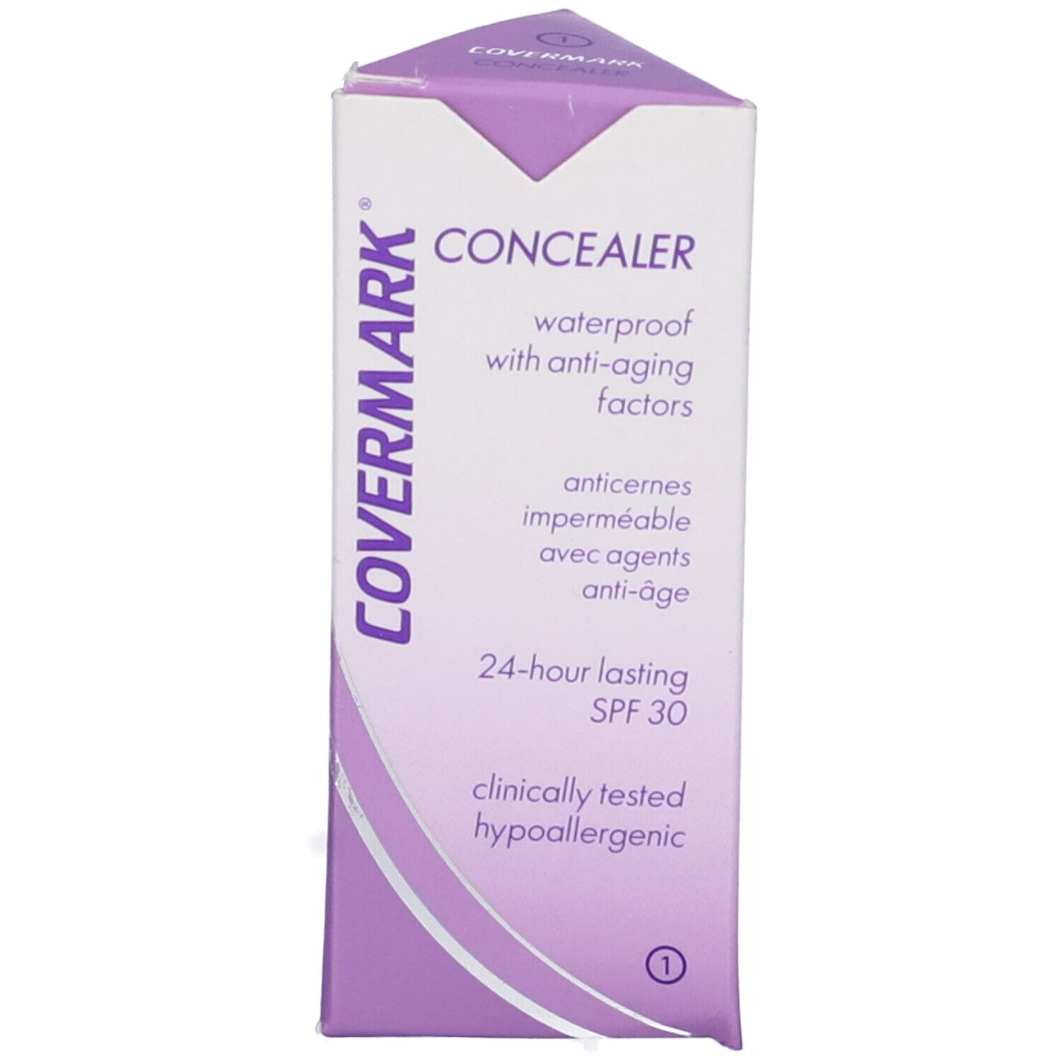 Confezione. Testo: COVERMARK CONCEALER, resistente all'acqua, con fattori anti-età, SPF 30.