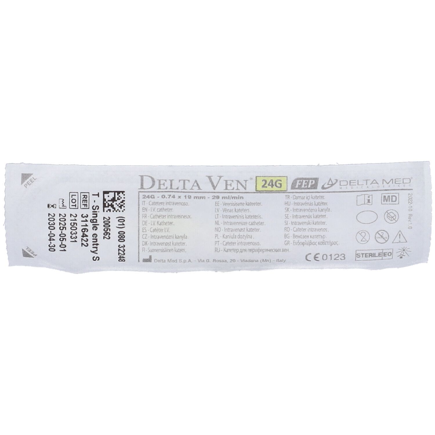 Confezione con ago. Scritta: Delta Ven 24G. Confezione sterile.