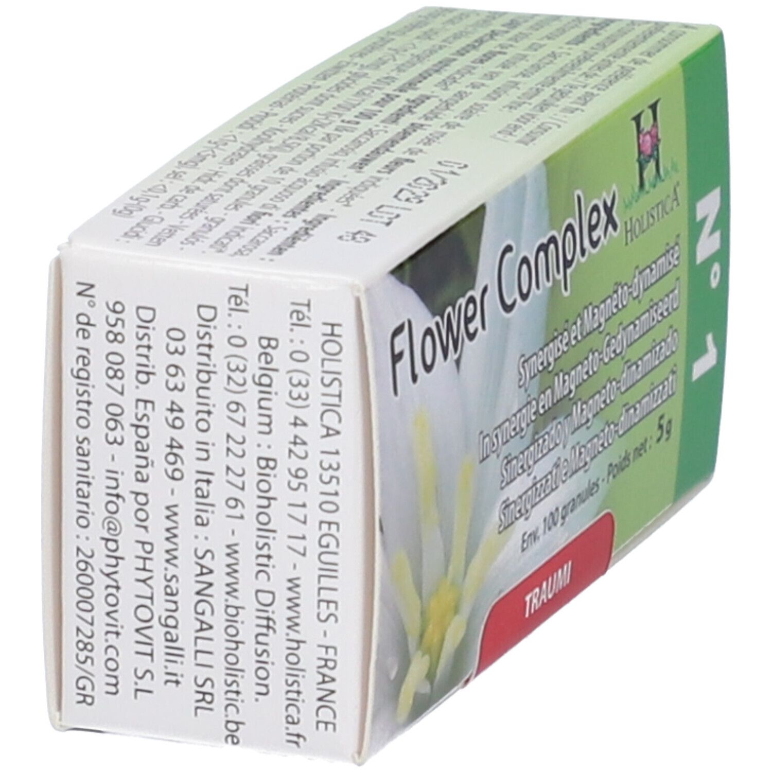 Scatola Flower Complex N°1 Traumi Granuli, angolata. Retro con testo, indirizzo produttore. Design verde e bianco.